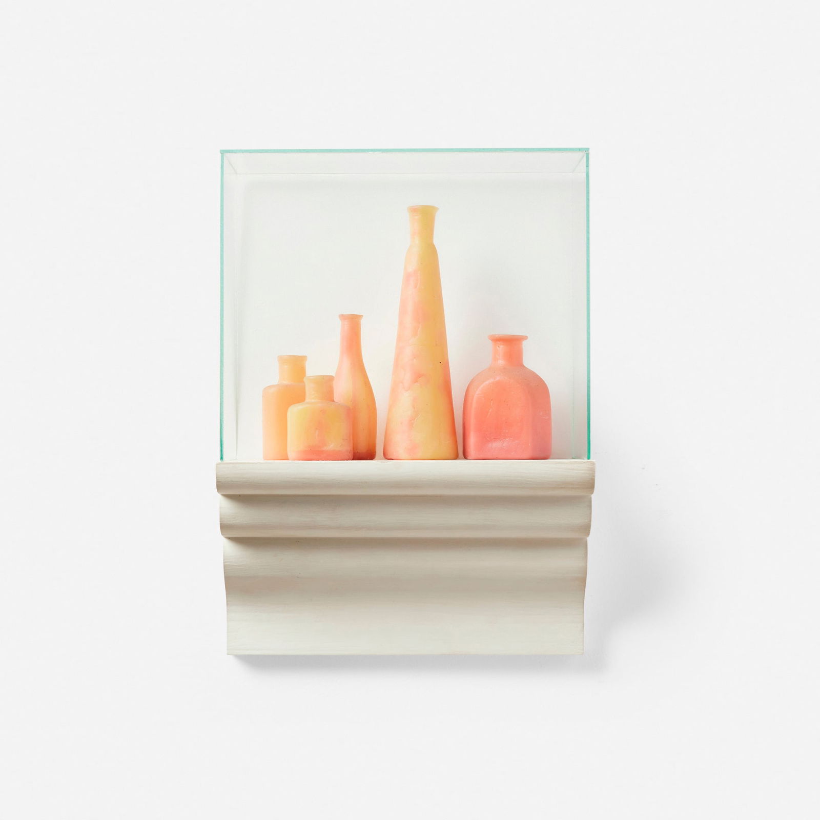 Maria Porges, Still life, bottles: Maria Porges Still life, bottles c. 1997wax, glass, painted wood 13.5 h x 10 w x 3.75 d in (34 x 25 x 10 cm) Inscribed to reverse of shelf 'GKB'. Provenance: Gift from