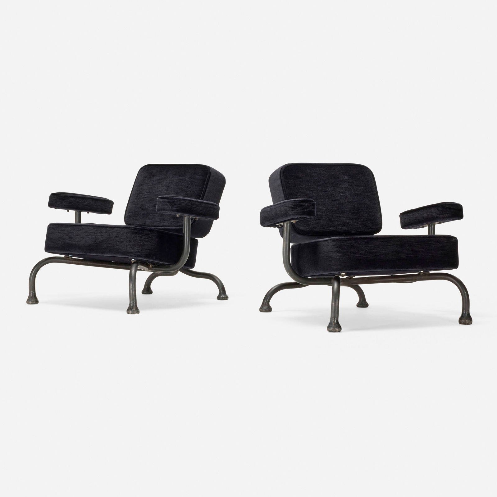 Atelier Van Lieshout, Bad club chairs, pair: Atelier Van Lieshout Bad club chairs, pair The Netherlands, 2004upholstery, patinated forged steel 25.5 h x 34 w x 31 d in (65 x 86 x 79 cm) 26 h x 33.5 w x 31.5 d in (66 x 85 x 80 cm)