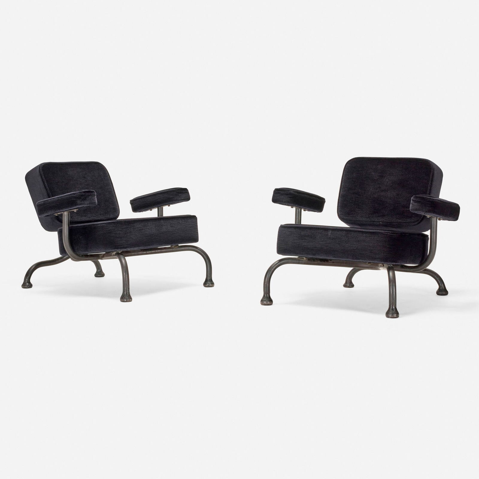 Atelier Van Lieshout, Bad club chairs, pair: Atelier Van Lieshout Bad club chairs, pair The Netherlands, 2004upholstery, patinated forged steel 27.5 h x 34 w x 33 d in (70 x 86 x 84 cm) 26.5 h x 33 w x 33 d in (67 x 84 x 84 cm) <