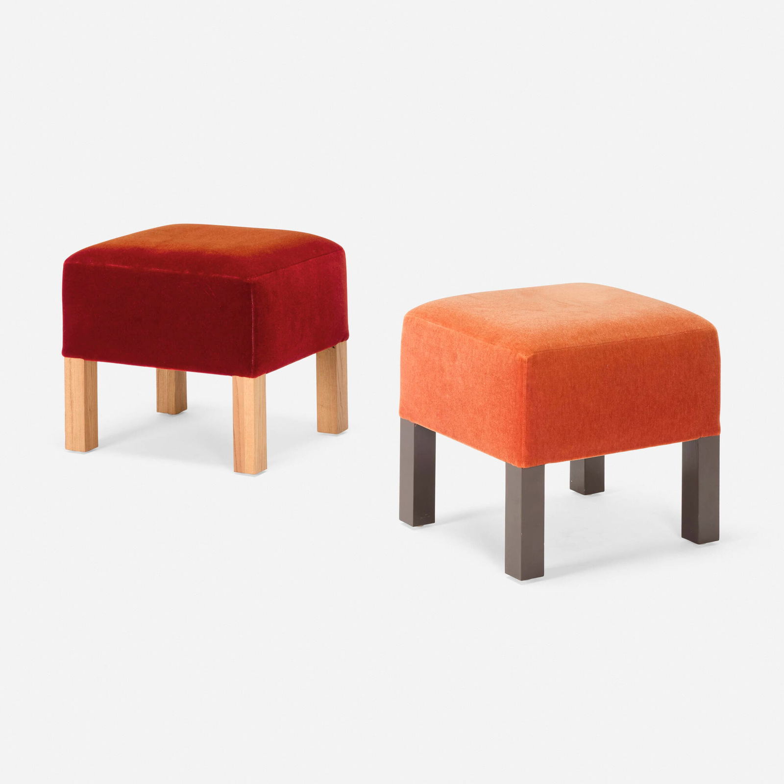 Roy McMakin, Ottomans for the El Vuelo Residence, pair: Roy McMakin Ottomans for the El Vuelo Residence, pair Domestic Furniture Co./Big Leaf ManufacturingUSA, 2002upholstery, painted maple, elm 17.75 h x 19 w x 17 d in (45 x 48 x 43 cm)