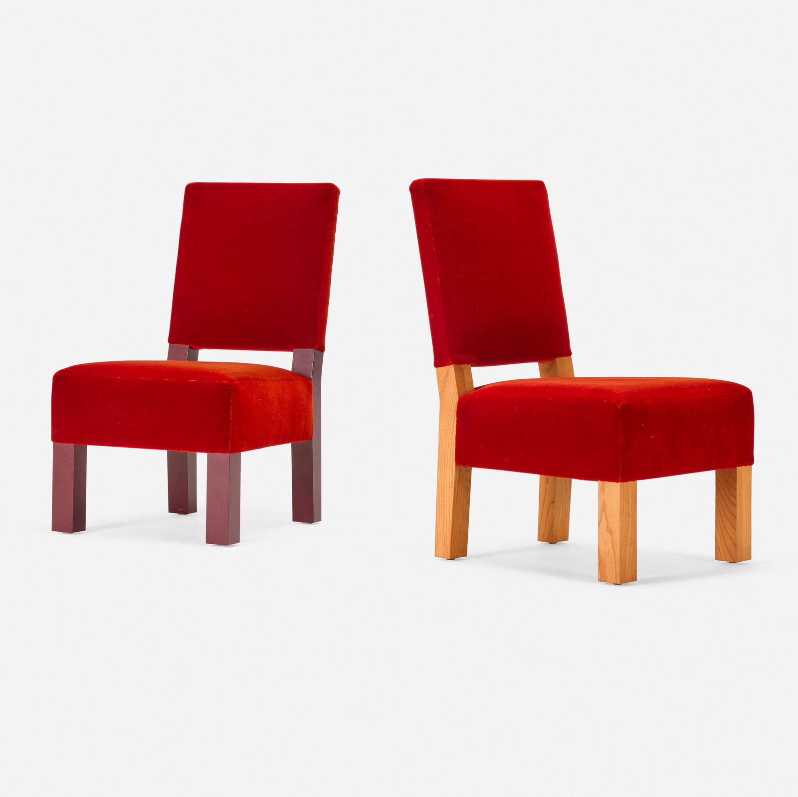 Roy McMakin, Lounge chairs for the El Vuelo Residence: Roy McMakin Lounge chairs for the El Vuelo Residence Domestic Furniture Co./Big Leaf ManufacturingUSA, 2002upholstery, elm, painted maple 36 h x 20.5 w x 24 d in (91 x 52 x 61 cm)