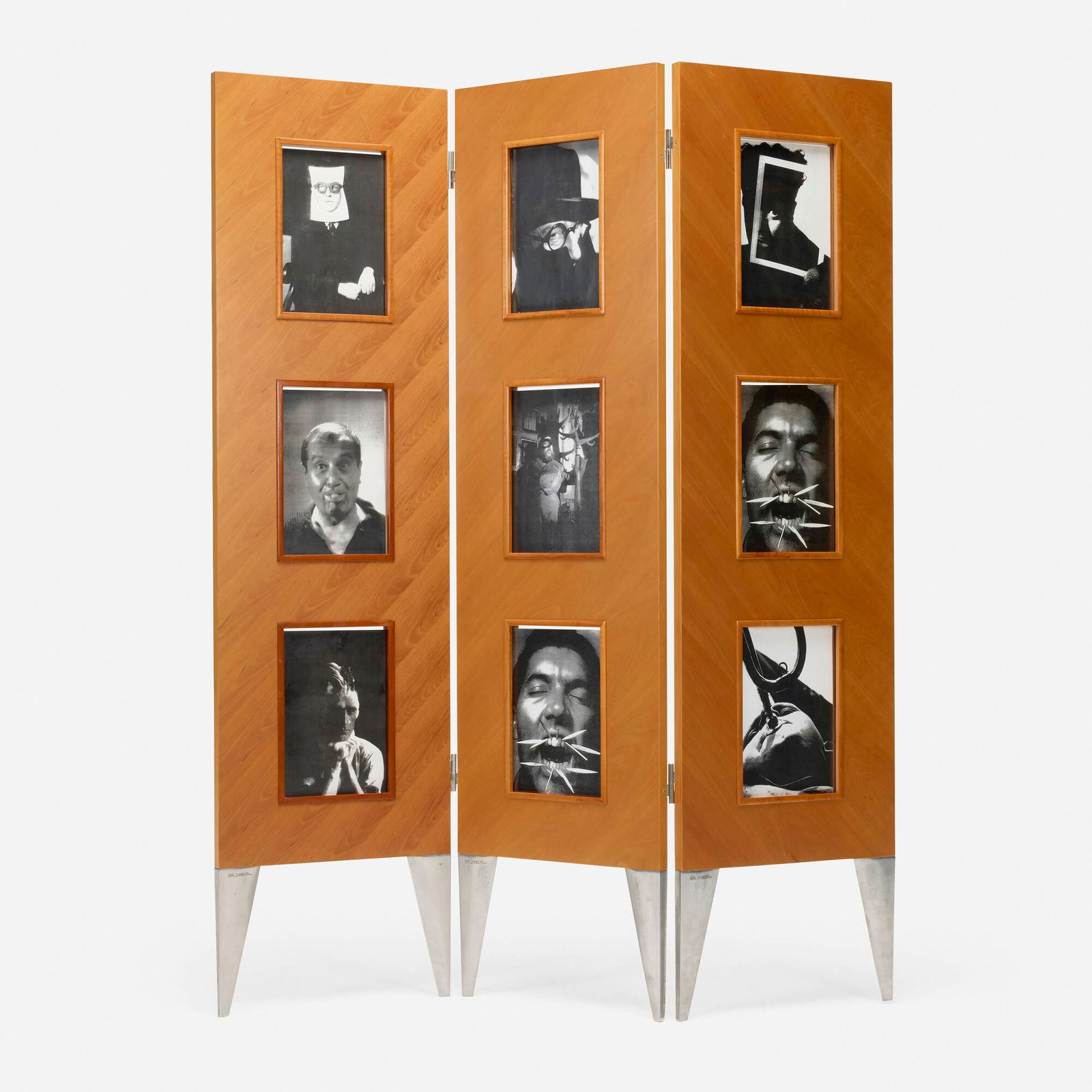 Philippe Starck, Le Paravent de l'autre screen: Philippe Starck Le Paravent de l'autre screen Driade AlephFrance, 1992fruitwood, cast aluminum, glass, photographs 76 h x 60.75 w x 1.25 d in (193 x 154 x 3 cm) Impressed manufacturer's