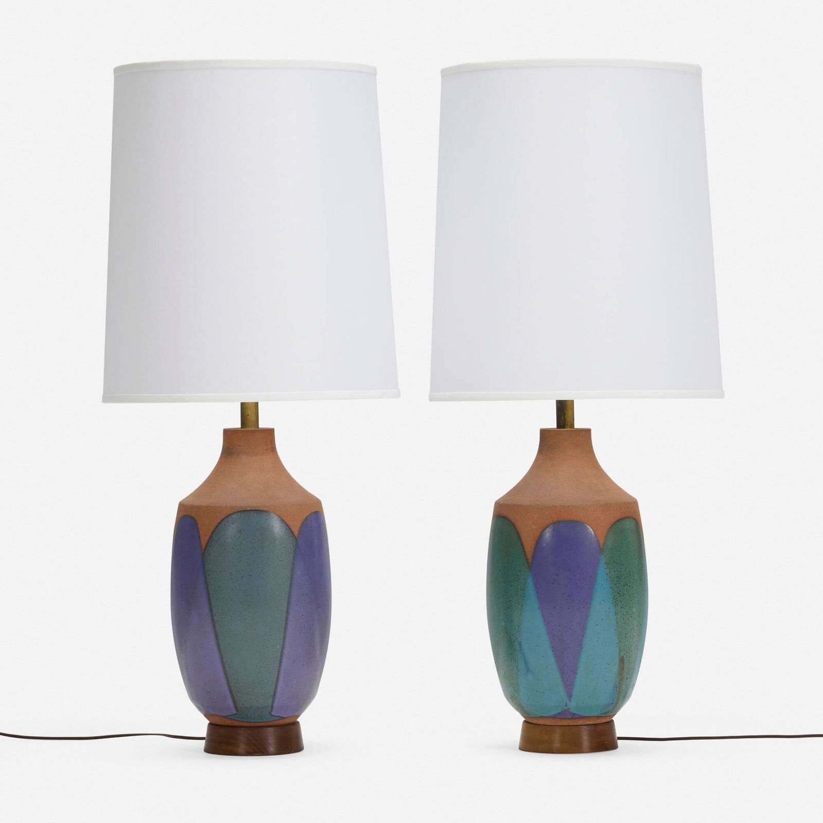 David Cressey, Table lamps, pair: David Cressey Table lamps, pair USA, c. 1970glazed earthenware, walnut, linen 34 h x 15 dia in (86 x 38 cm) This work will ship from Los Angeles, California.