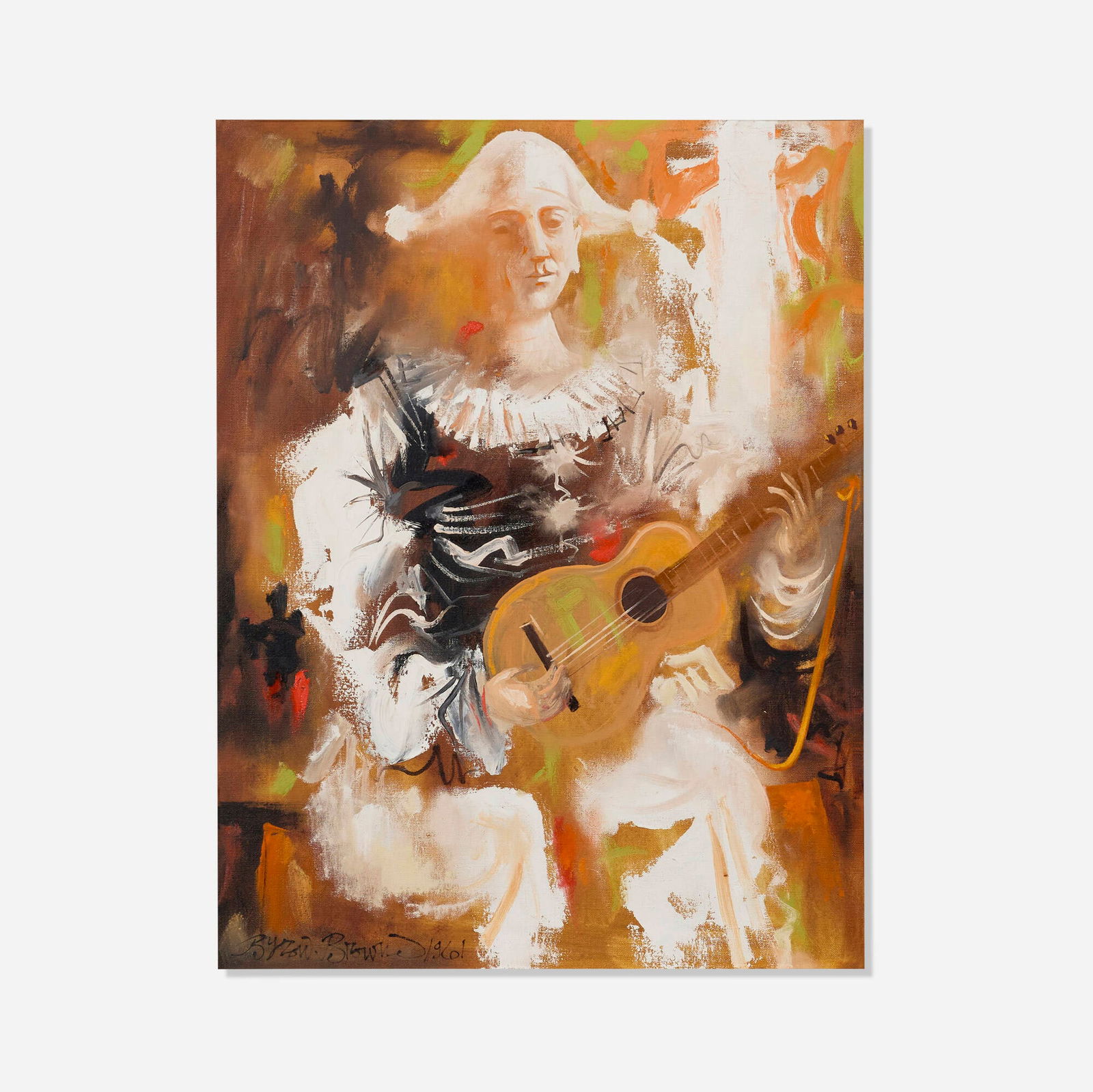 Byron Browne, Clown: Byron Browne Clown 1961oil on canvas 26 h x 20 w in (66 x 51 cm) Signed and dated to lower left 'Byron Browne 1961'. Signed, titled, dated and inscribed to verso 'Byron Browne 1961 Clown NYC'.