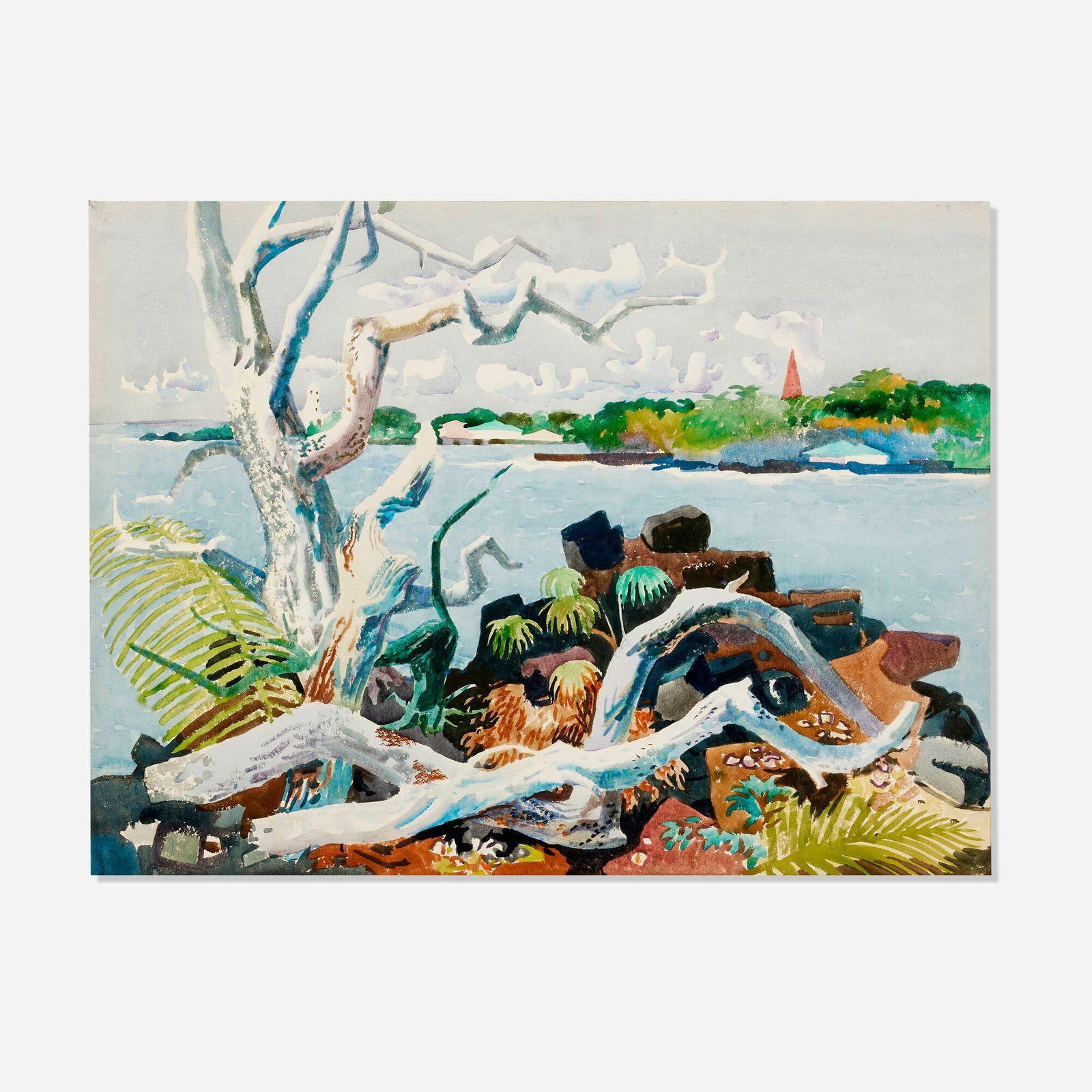 Millard Sheets, Beach Near Kailua-Kona Hawaii (View of Mokuaikawa): Millard Sheets Beach Near Kailua-Kona Hawaii (View of Mokuaikawa) 1950watercolor on Arches 22.5 h x 30.25 w in (57 x 77 cm) Signed, titled and dated to verso '1950 Beach Near Kailua-Kona Hawai