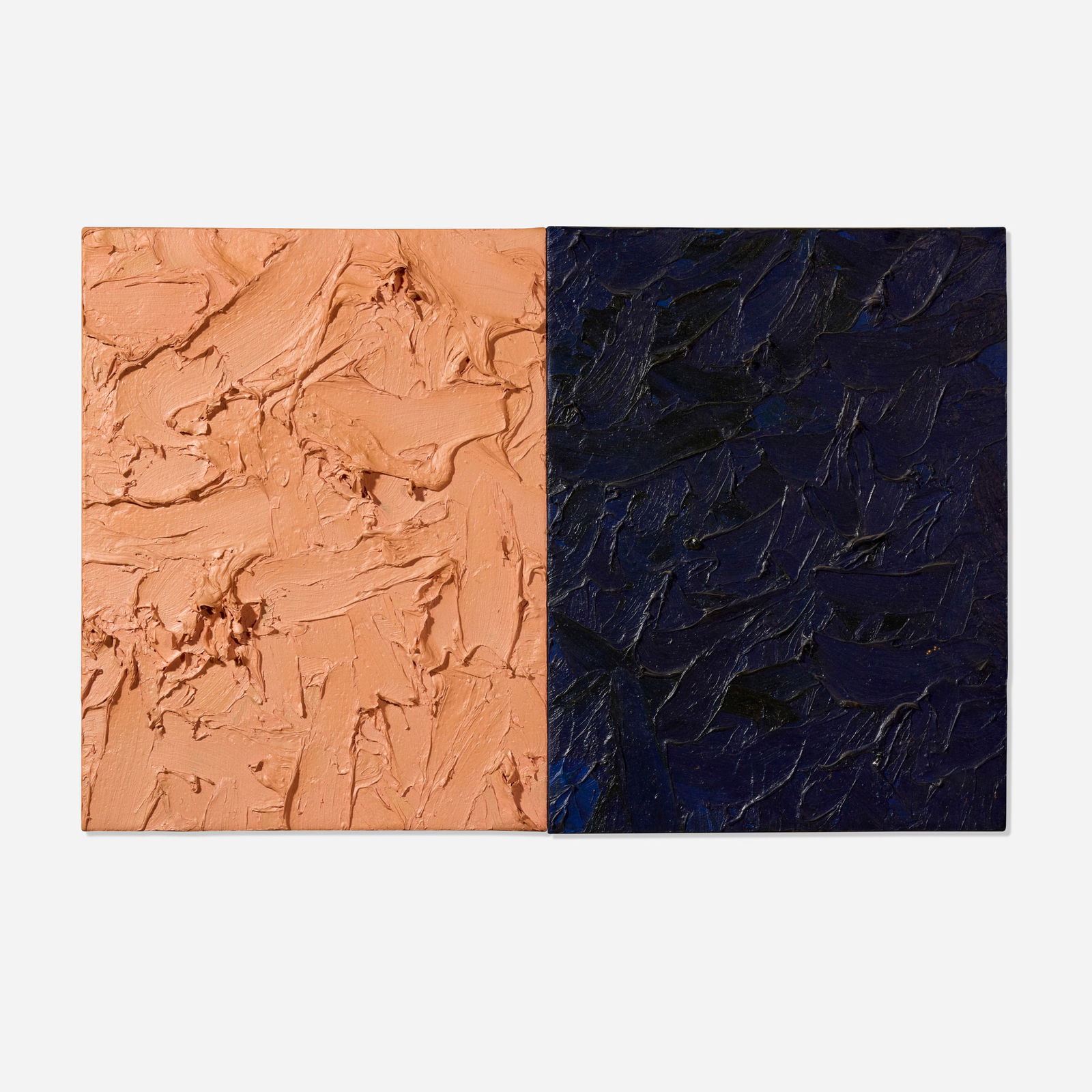 James Hayward, Athenian Flesh/Dark Blue (diptych): James Hayward Athenian Flesh/Dark Blue (diptych) 1985-86oil on canvas laid to board 21 h x 32 w in (53 x 81 cm) Signed and dated to verso of one panel 'James Hayward 1985'. Signed, titled and