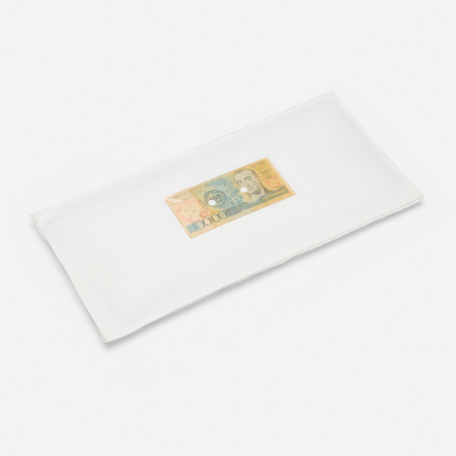 Jac Leirner, Currency (Little Pillow): Jac Leirner Currency (Little Pillow) 1991polyester, found currency 8.75 h x 18 w x 1 d in (22 x 46 x 3 cm) Signed, dated and numbered to Brazilian currency '2/50 Jac 91' with stamped inscripti