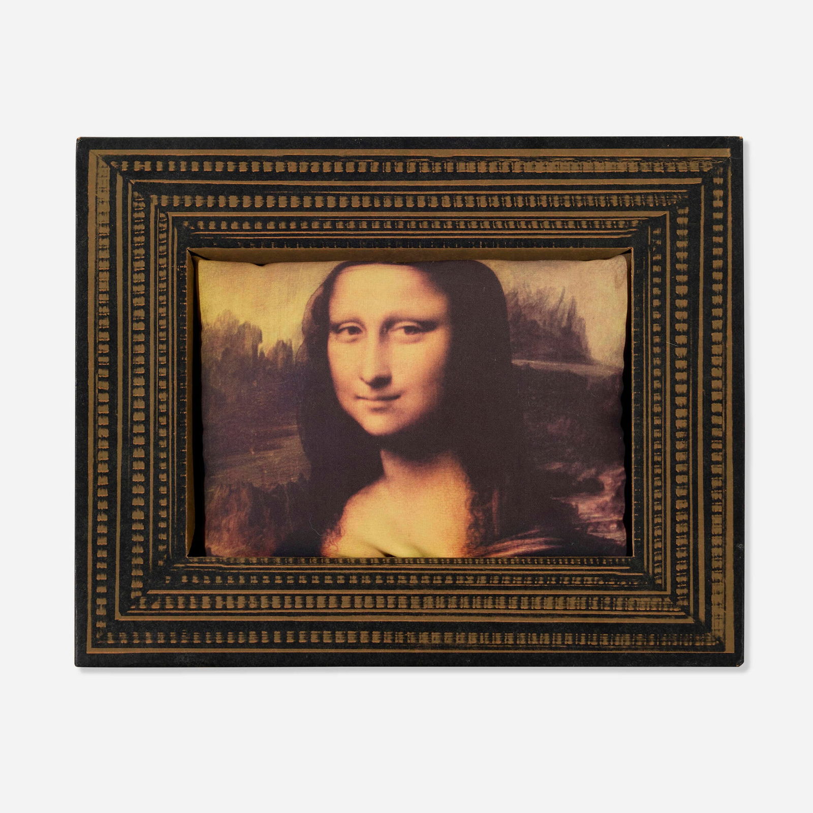 Nelson Leirner, NELSON LEIRNER X MONA LISA Cushion: Nelson Leirner NELSON LEIRNER X MONA LISA Cushion 1999-2004printed fabric, cardboard 15 h x 19 w x 3.5 d in (38 x 48 x 9 cm) Printed signature and date to reverse 'Leirner 1999+5'. This work i