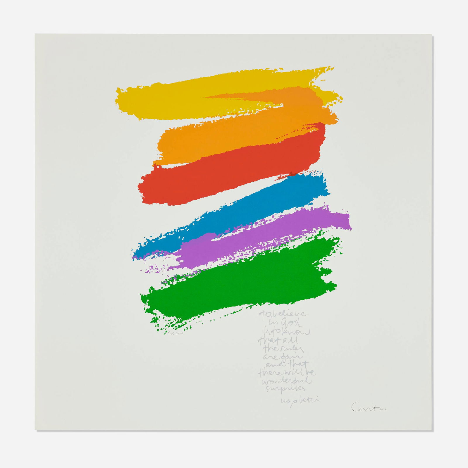 Corita Kent (Sister Mary Corita), promise: Corita Kent (Sister Mary Corita) promise 1978screenprint in colors 23 h x 23 w in (58 x 58 cm) Signed and numbered to center and lower right 'Ed 200 Corita'. This work is from the edition of 2