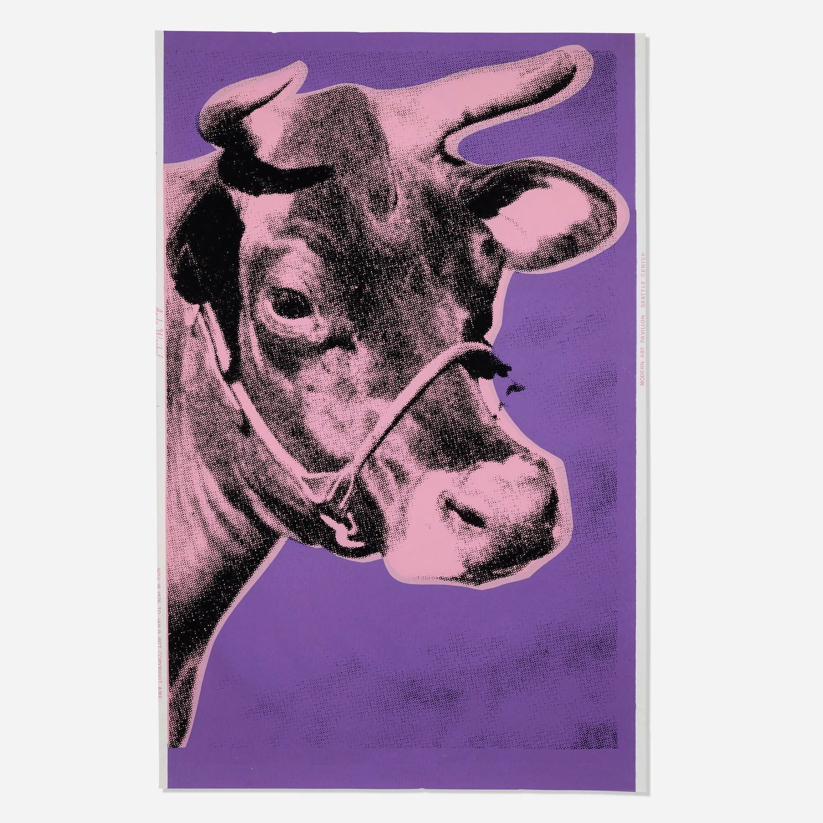Andy Warhol, Cow: Andy Warhol Cow 1976screenprint in colors on wallpaper image: 45.5 h x 28 w in (116 x 71 cm) sheet: 45.5 h x 20.25 w in (116 x 51 cm) This work is from the unlimited edition printed by Bill