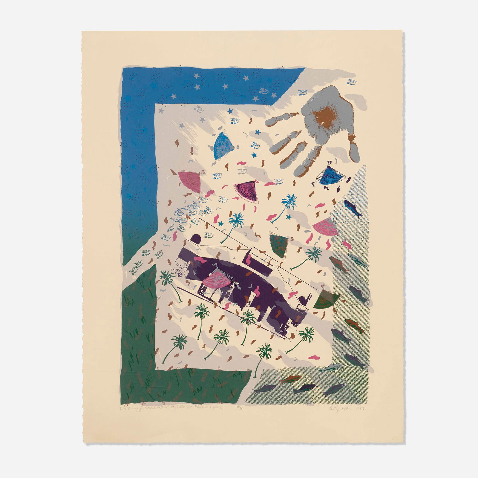 Betye Saar, LA Energy (Mural site: 5th St. between Flower & Grand): Betye Saar LA Energy (Mural site: 5th St. between Flower & Grand) 1983lithograph in colors image: 23.25 h x 17.25 w in (59 x 44 cm) sheet: 28.5 h x 22 w in (72 x 56 cm) Signed, titled, date