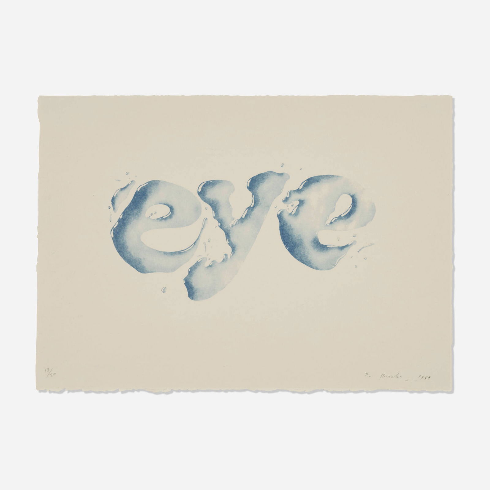 Ed Ruscha, Eye: Ed Ruscha Eye 1969lithograph in colors on Arches 17.25 h x 24.25 w in (44 x 62 cm) Signed, dated and numbered to lower edge '13/20 Ed Ruscha 1969'. This work is number 13 from the edition