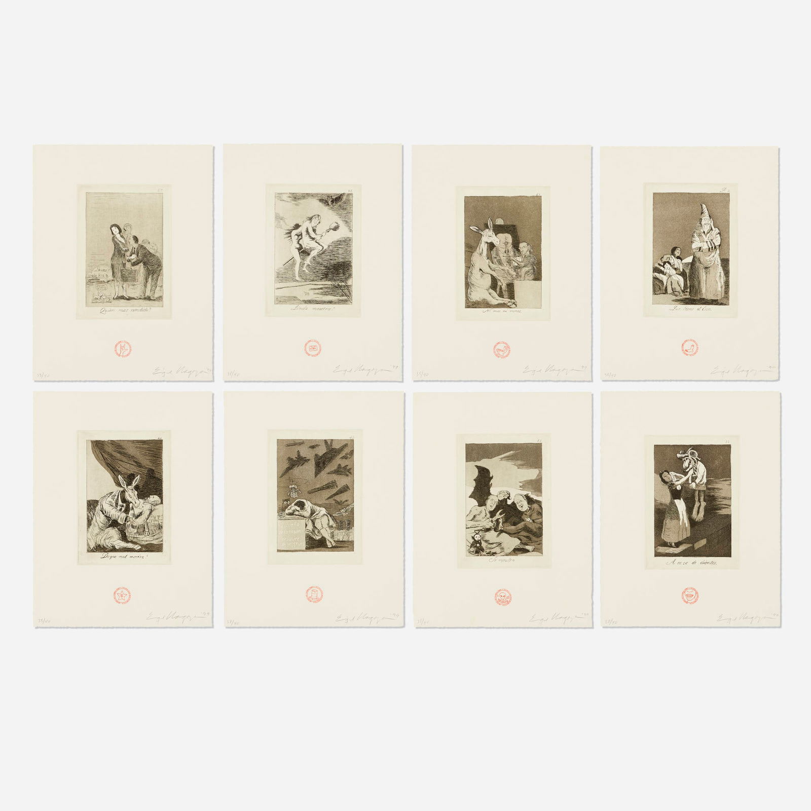 Enrique Chagoya, The Return to Goya's Caprichos: Enrique Chagoya The Return to Goya's Caprichos 1999etching on paper image: 8 h x 5.625 w in (20 x 14 cm) sheets: 14.375 h x 11 w in (37 x 28 cm) Signed, dated and numbered to lower edge of