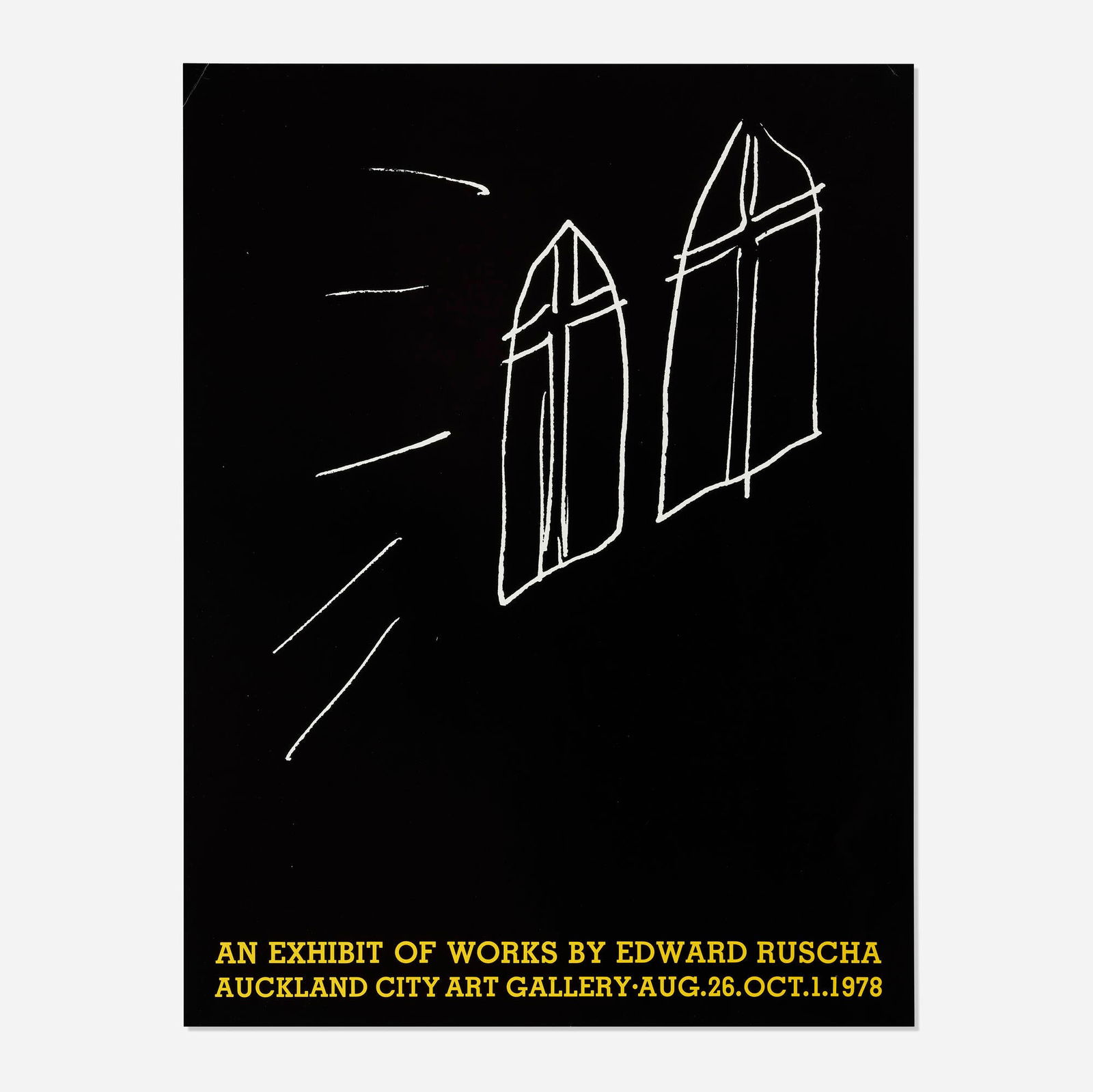 After Ed Ruscha, exhibition poster: After Ed Ruscha exhibition poster 1978offset lithograph in colors 28 h x 21.25 w in (71 x 54 cm) This work was created for the exhibition Graphic Works by Ed Ruscha held 26 August - 1 O