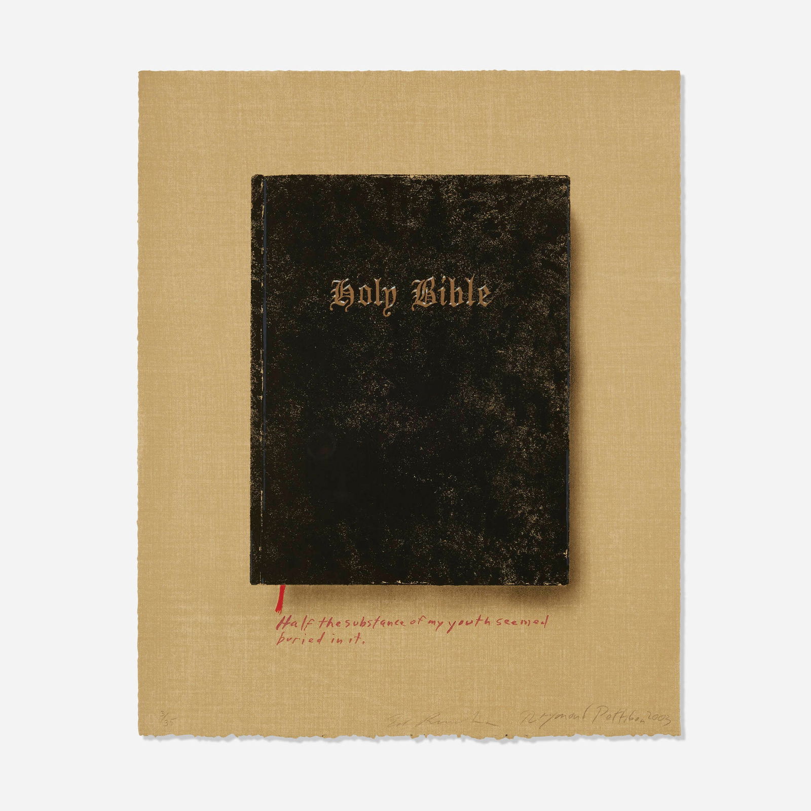 Ed Ruscha and Raymond Pettibon, Holy Bible (State I): Ed Ruscha and Raymond Pettibon Holy Bible (State I) 2003lithograph in colors 21.25 h x 17.25 w in (54 x 44 cm) Signed, dated and numbered to lower edge '3/25 Ed Ruscha Raymond Pettibon 2003' w