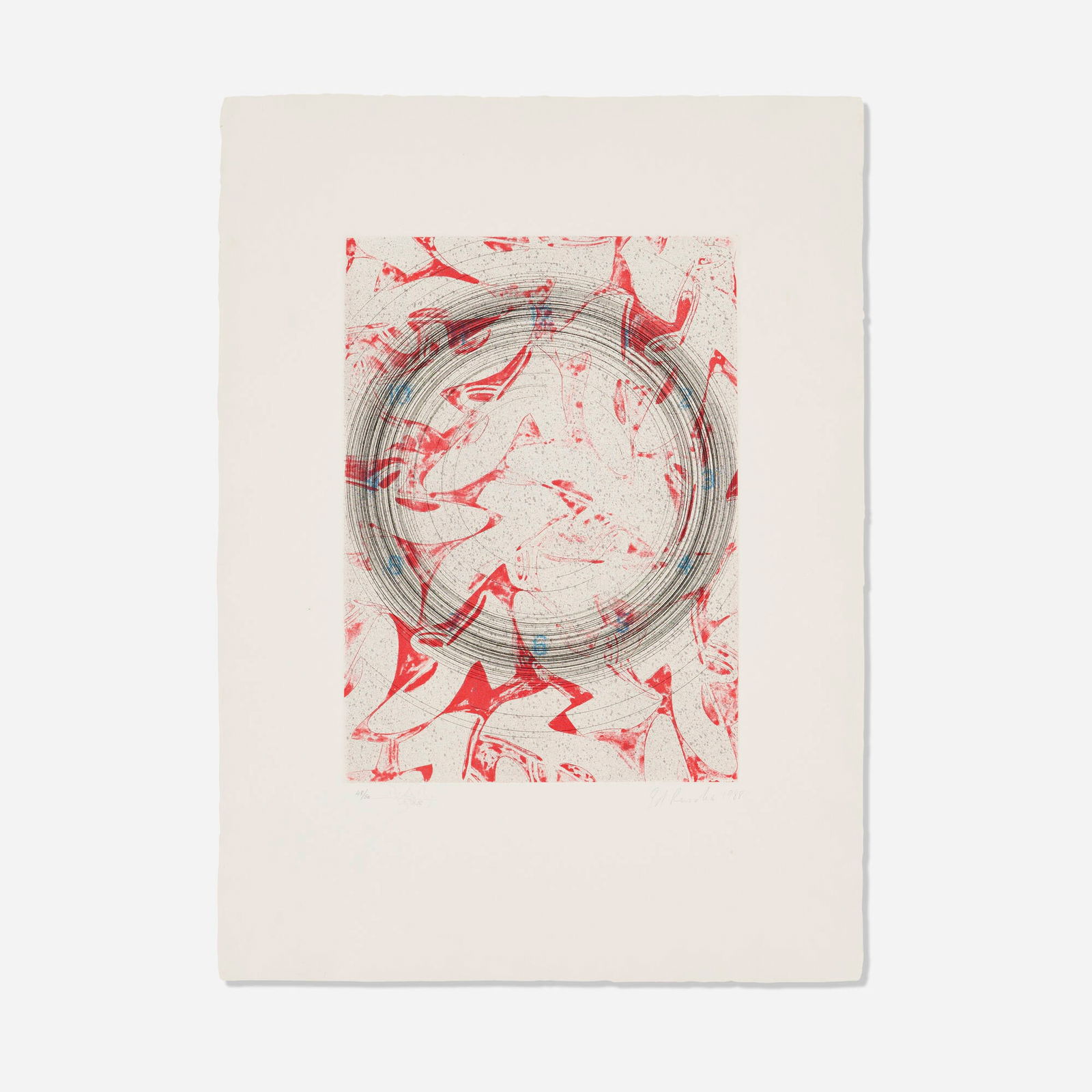 Ed Ruscha and Billy Al Bengston, Zapato - Tiempo: Ed Ruscha and Billy Al Bengston Zapato - Tiempo 1988etching and aquatint in colors image: 18.25 h x 13.25 w in (46 x 34 cm) sheet: 30 h x 22 w in (76 x 56 cm) Signed, dated and numbered to