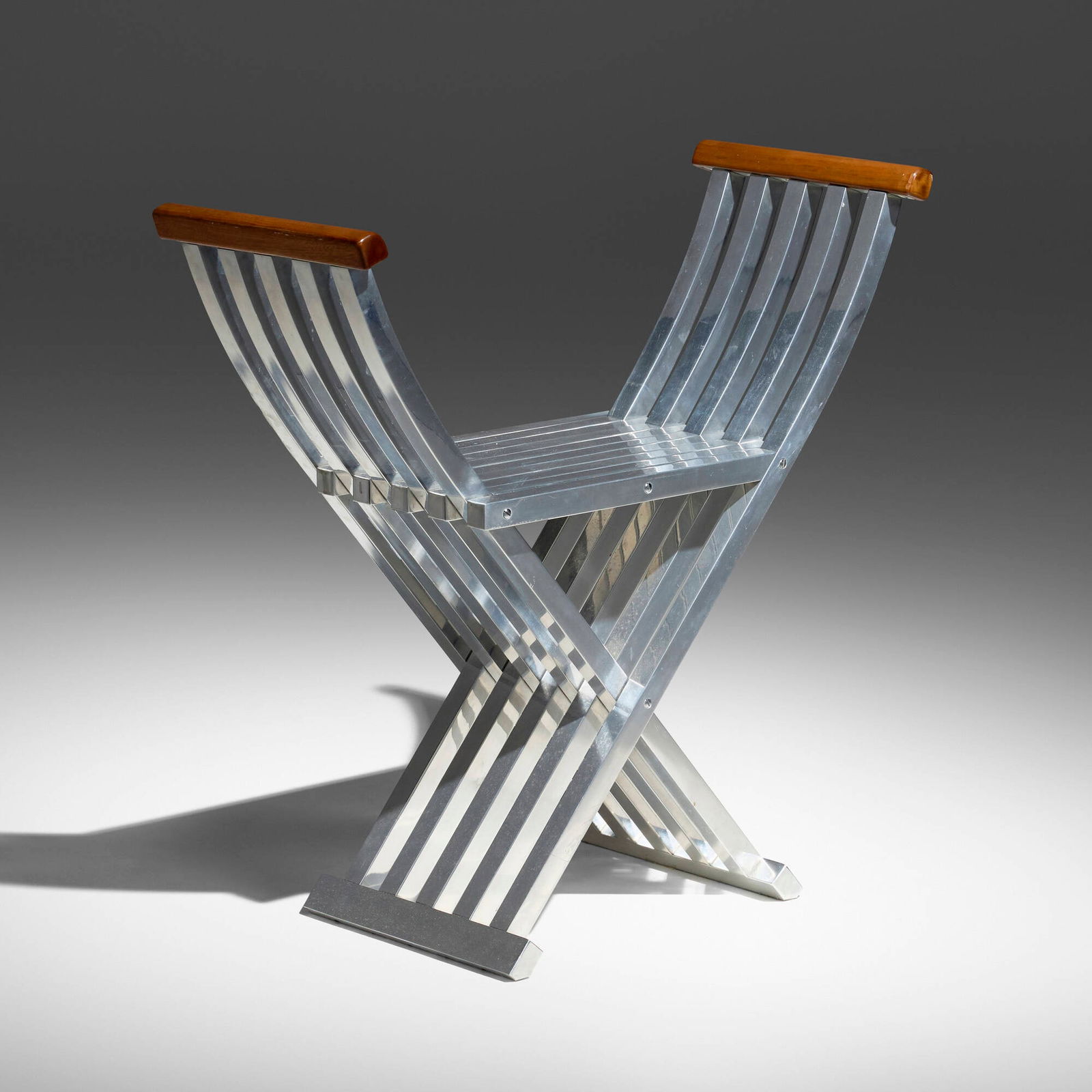 John Vesey, Classic Folding Bench: John Vesey Classic Folding Bench John Vesey, Inc.USA, c. 1958aluminum, stained walnut 27.5 h x 27 w x 11.75 d in (70 x 69 x 30 cm) Provenance: Private Collection | John