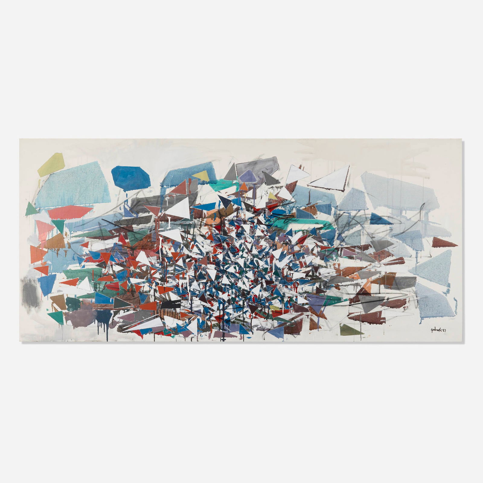 Robert Goodnough, Development: Robert Goodnough Development 1987acrylic and oil on canvas 36 h x 78 w in (91 x 198 cm) Signed and dated to lower right 'goodnough 87'. Signed, titled and dated to verso 'Development goodnough