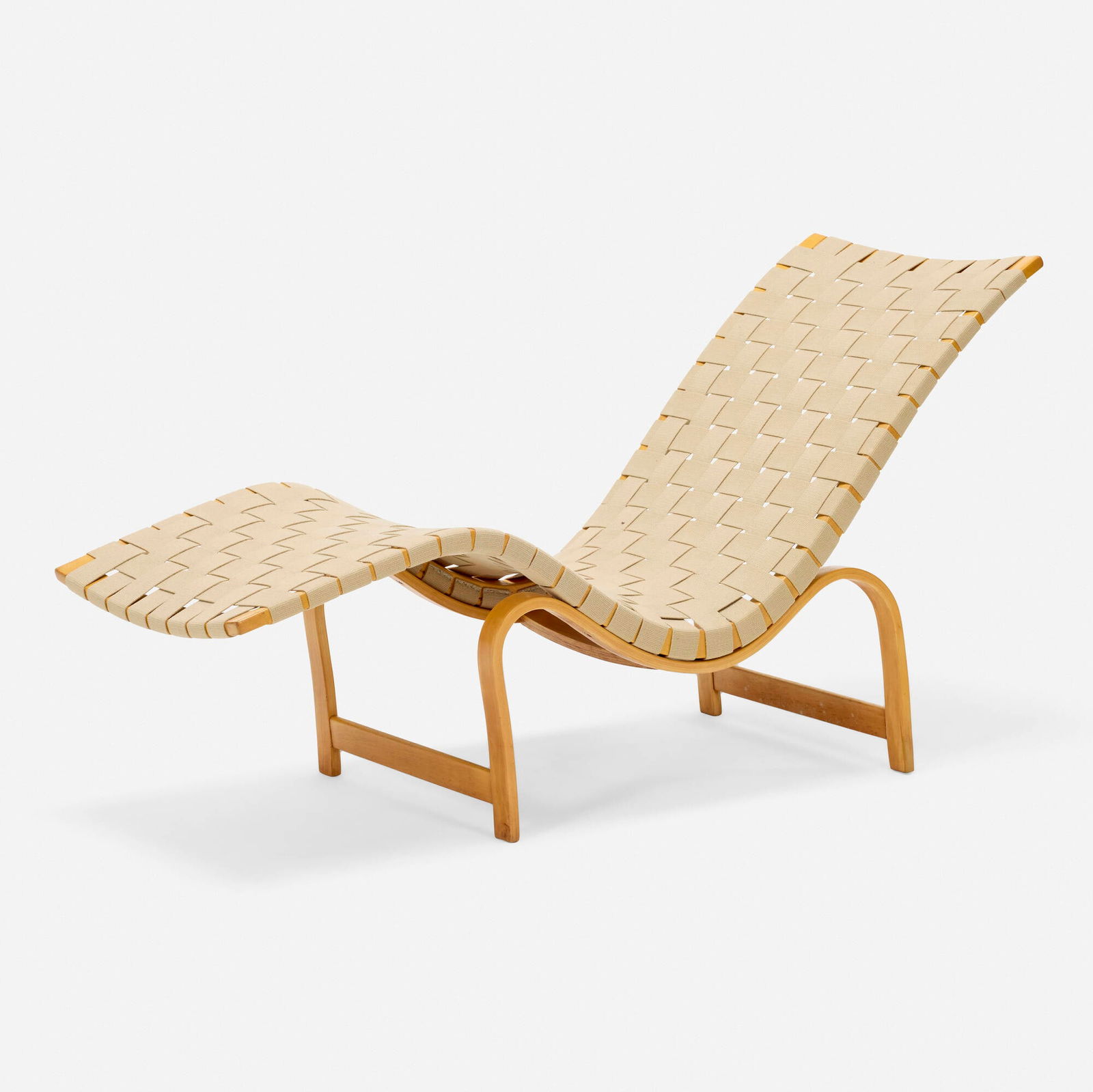 Bruno Mathsson, Pernilla 36 lounge chair: Bruno Mathsson Pernilla 36 lounge chair Firma Karl MathssonSweden, 1942 / c. 1970beech, canvas webbing 31 h x 21 w x 55 d in (79 x 53 x 140 cm) Provenance: Private Colle