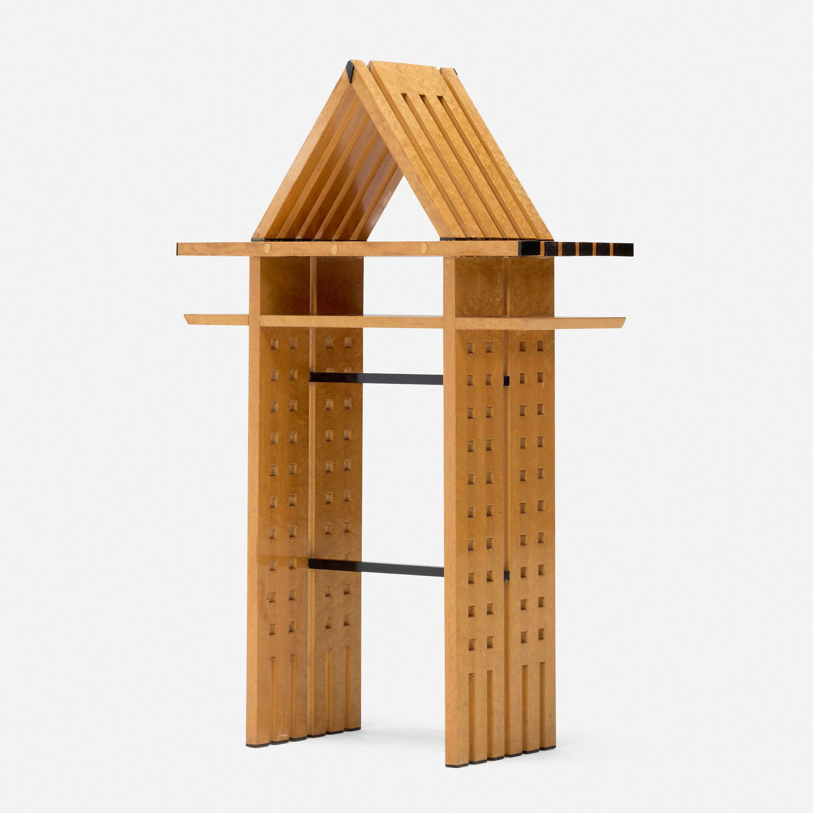 Michael Graves, Console table: Michael Graves Console table USA, c. 1980bird's-eye maple, stained mahogany 38.5 h x 23.25 w x 11.5 d in (98 x 59 x 29 cm) Provenance: Private Collection | Toomey & Co. Auctio