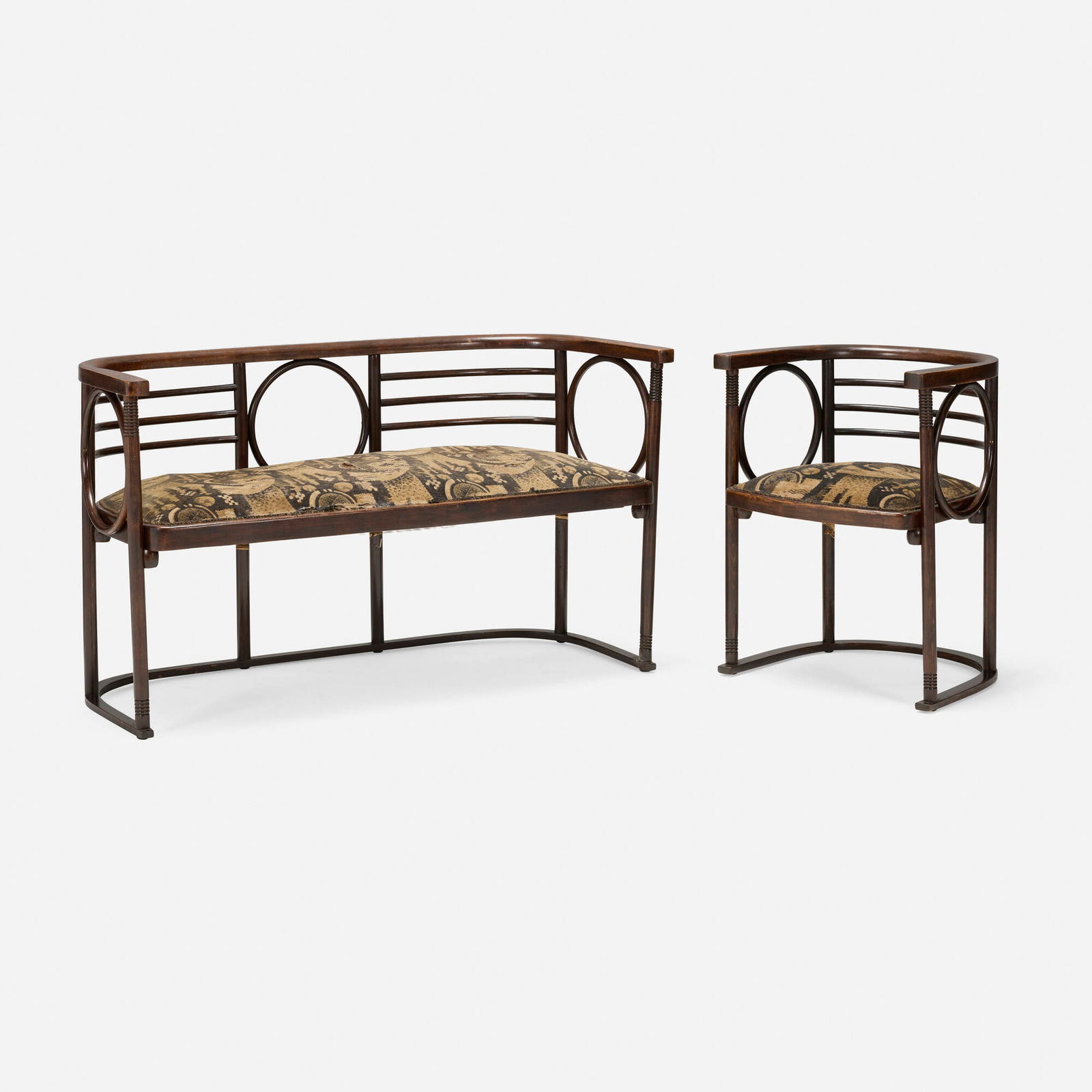 Josef Hoffmann, Settee, model 728/C and armchair, model 728: Josef Hoffmann Settee, model 728/C and armchair, model 728 Thonet-MundusAustria, c. 1908 / c. 1910bent beechwood, upholstery settee: 29.5 h x 52.5 w x 22.5 d in (75 x 133 x 57 cm) armchair: