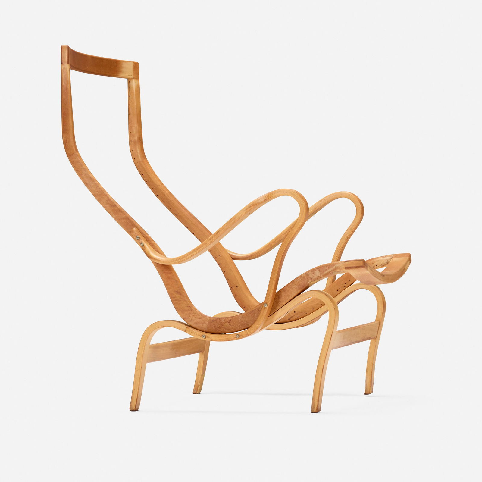 Bruno Mathsson, Pernilla 69 lounge chair frame: Bruno Mathsson Pernilla 69 lounge chair frame DUXSweden, 1969 / c. 1990beech plywood 38.75 h x 27.75 w x 33 d in (98 x 70 x 84 cm) Branded manufacturer's mark to underside 'Bruno Mathsso