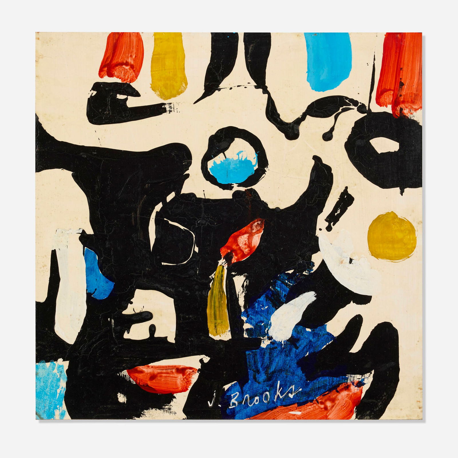 James Brooks, Untitled (from the Peace Tower): James Brooks Untitled (from the Peace Tower) c. 1965oil on board 23.75 h x 24 w in (60 x 61 cm) This work is from the Peace Tower, an outdoor installation created in the winter of 1966 in West