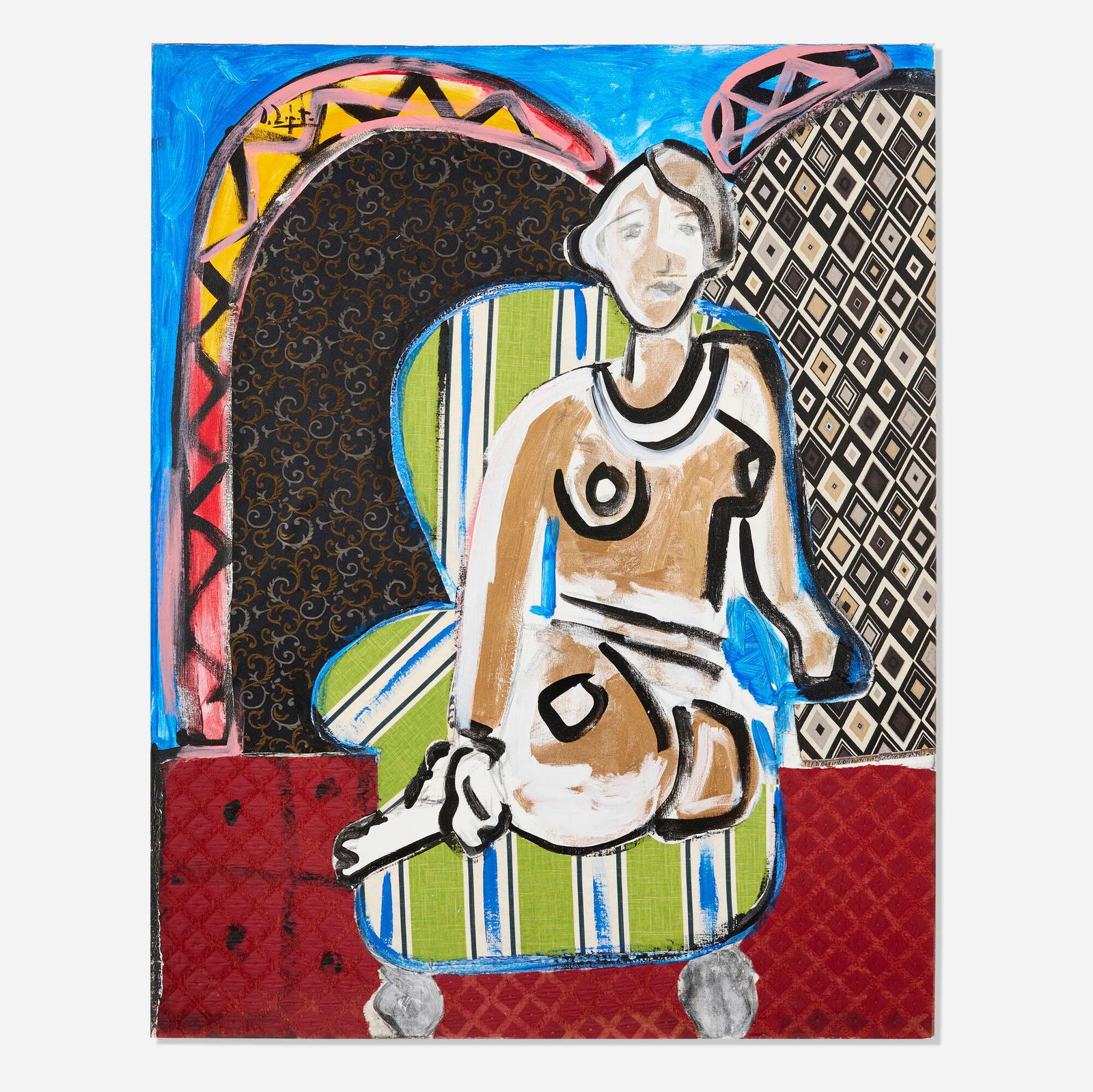 Domingo Zapata, Untitled (from the A Nod to Matisse series): Domingo Zapata Untitled (from the A Nod to Matisse series) c. 2017oil and textile collage on canvas 60 h x 48 w in (152 x 122 cm) Signed to upper left 'D. Zapata'. Provenance:</