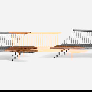 George Nakashima, Exceptional Conoid bench: George Nakashima Exceptional Conoid bench Nakashima StudioUSA, 1961American black walnut, hickory 30 h x 93 w x 42 d in (76 x 236 x 107 cm) Bench features single slab seat with free edge