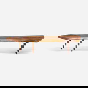 George Nakashima, Slab coffee table: George Nakashima Slab coffee table Nakashima StudioUSA, 1961American black walnut, rosewood 13.5 h x 24 w x 67.75 d in (34 x 61 x 172 cm) Table features a single slab top with two free e