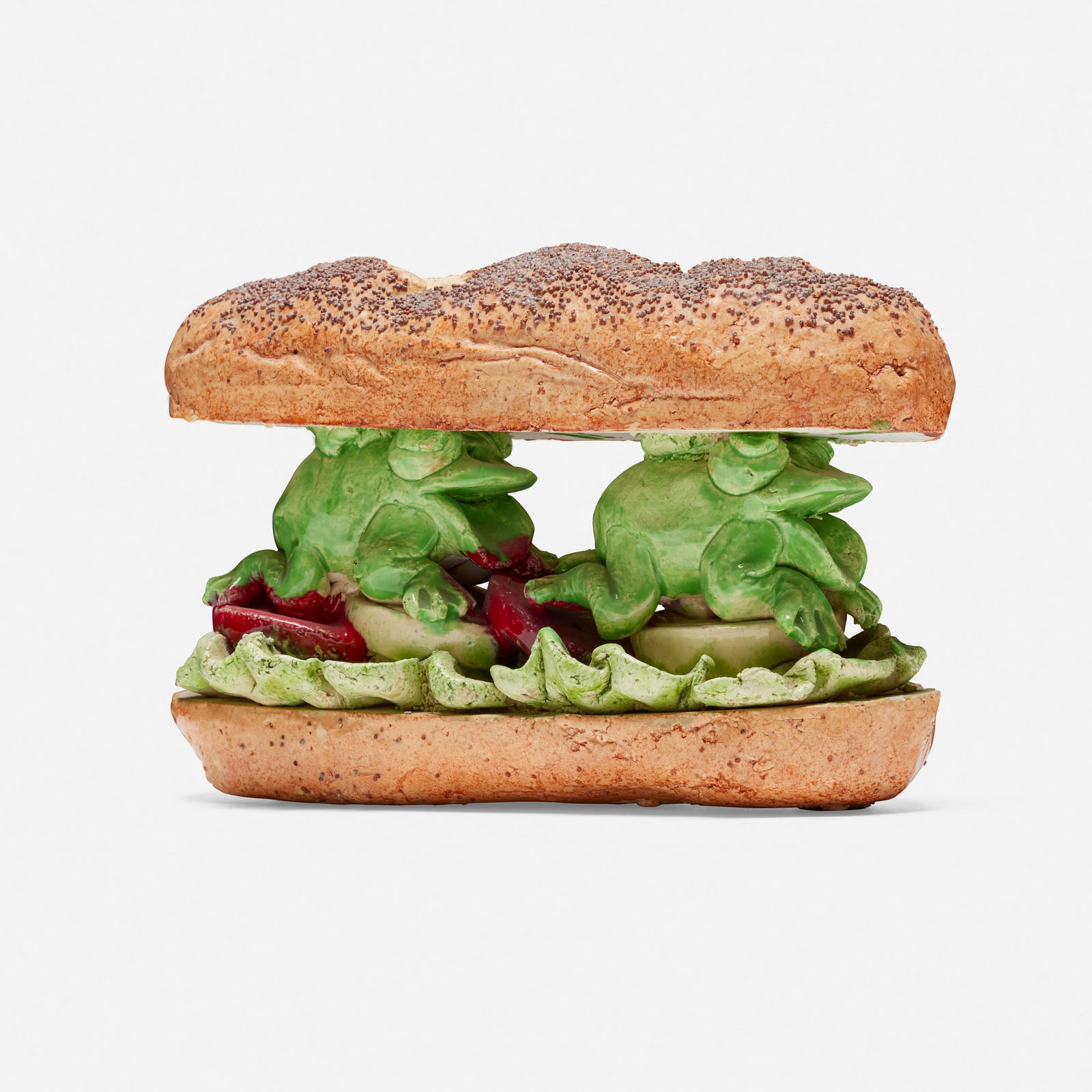 David Gilhooly, Submarine Frog Sandwich: David Gilhooly Submarine Frog Sandwich 1986glazed earthenware, mixed media 5.75 h x 9 w x 3.75 d in (15 x 23 x 10 cm) Incised signature and date to underside 'Gilhooly 86'.