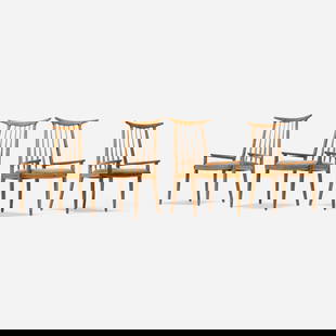 Sam Maloof, Horn back chairs, set of four: Sam Maloof Horn back chairs, set of four USA, 1962walnut, upholstery 38 h x 21.25 w x 20 d in (97 x 54 x 51 cm) Branded signature, dated and numbered to underside of each example 'Designed Mad