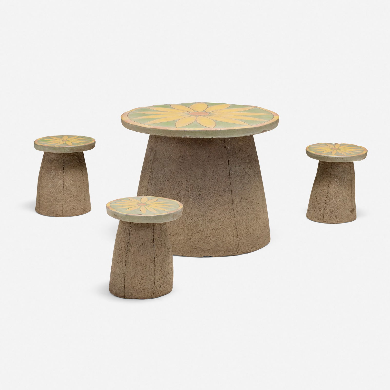 Stan Bitters, Mushroom table and three stools: Stan Bitters Mushroom table and three stools USA, c. 1975glazed stoneware table: 21.5 h x 26.5 dia in (55 x 67 cm) stool: 13.5 h x 11.5 dia in (34 x 29 cm) Provenance: Priv
