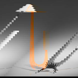 In the manner of Jean  Rispal, Floor lamp: In the manner of Jean Rispal Floor lamp c. 1960beech, enameled steel, paper 74 h x 31 w x 11 d in (188 x 79 x 28 cm) Provenance: LA Modern Auctions, Modern Art & Design
