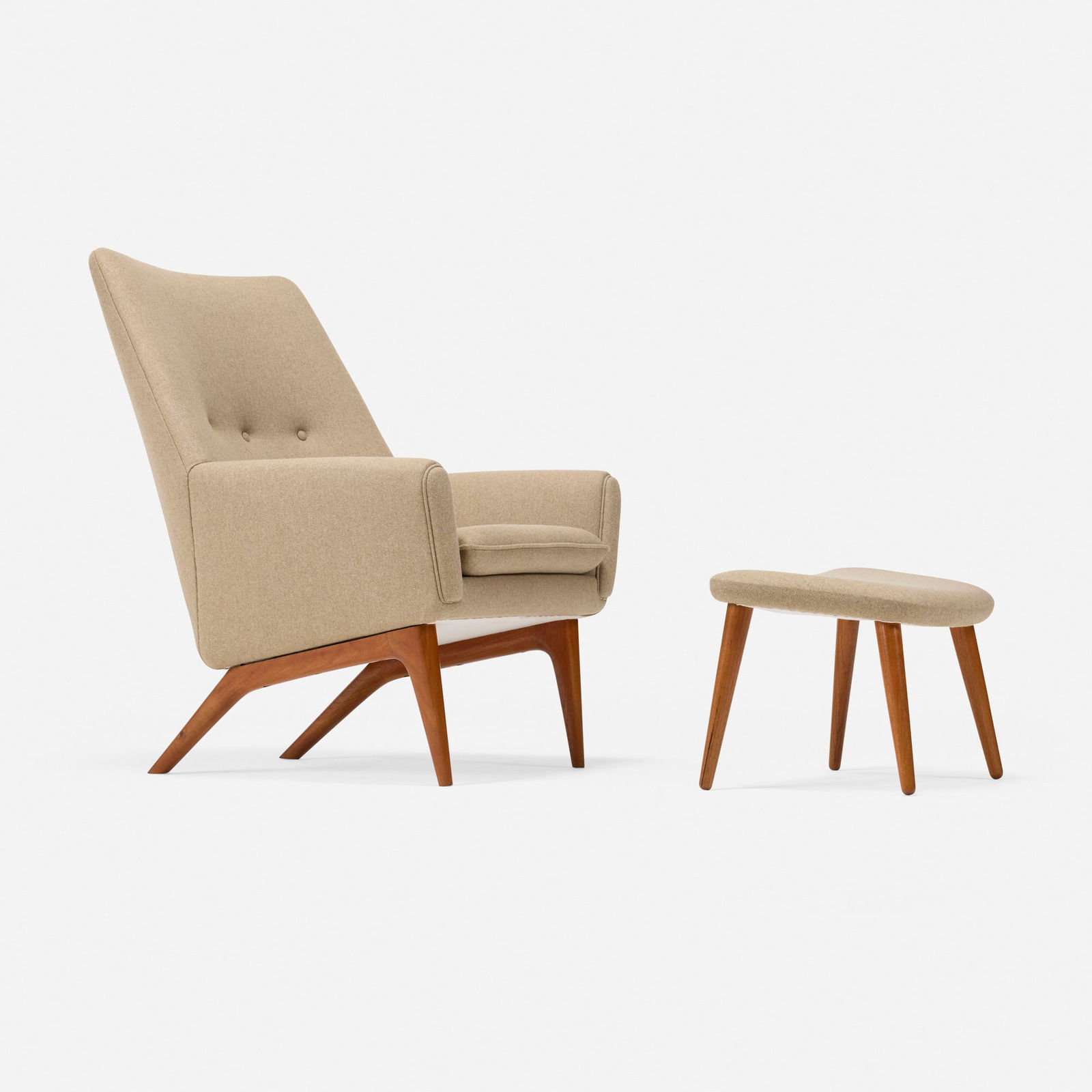 Illum Wikkelso, Chair and ottoman: Illum Wikkelso Chair and ottoman A. Mikael Laursen & SonDenmark, c. 1965wool upholstery, oak chair: 37.75 h x 29 w x 27 d in (96 x 74 x 69 cm) ottoman: 14 h x 23 w x 16 d in (36 x 58 x 41 cm