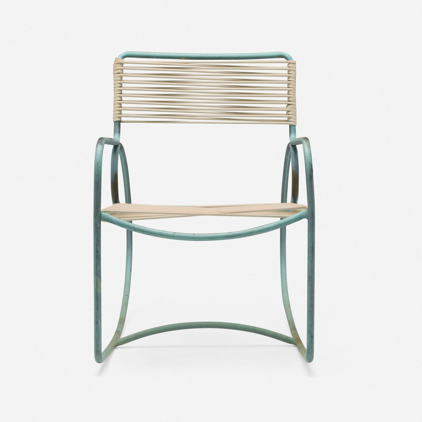 Walter Lamb, Rocking chair, model C-5701: Walter Lamb Rocking chair, model C-5701 Brown JordanUSA, c. 1955bronze, vinyl cord 32.25 h x 22 w x 31.75 d in (82 x 56 x 81 cm) Metal manufacturer's label to frame 'Brown Jordan'.