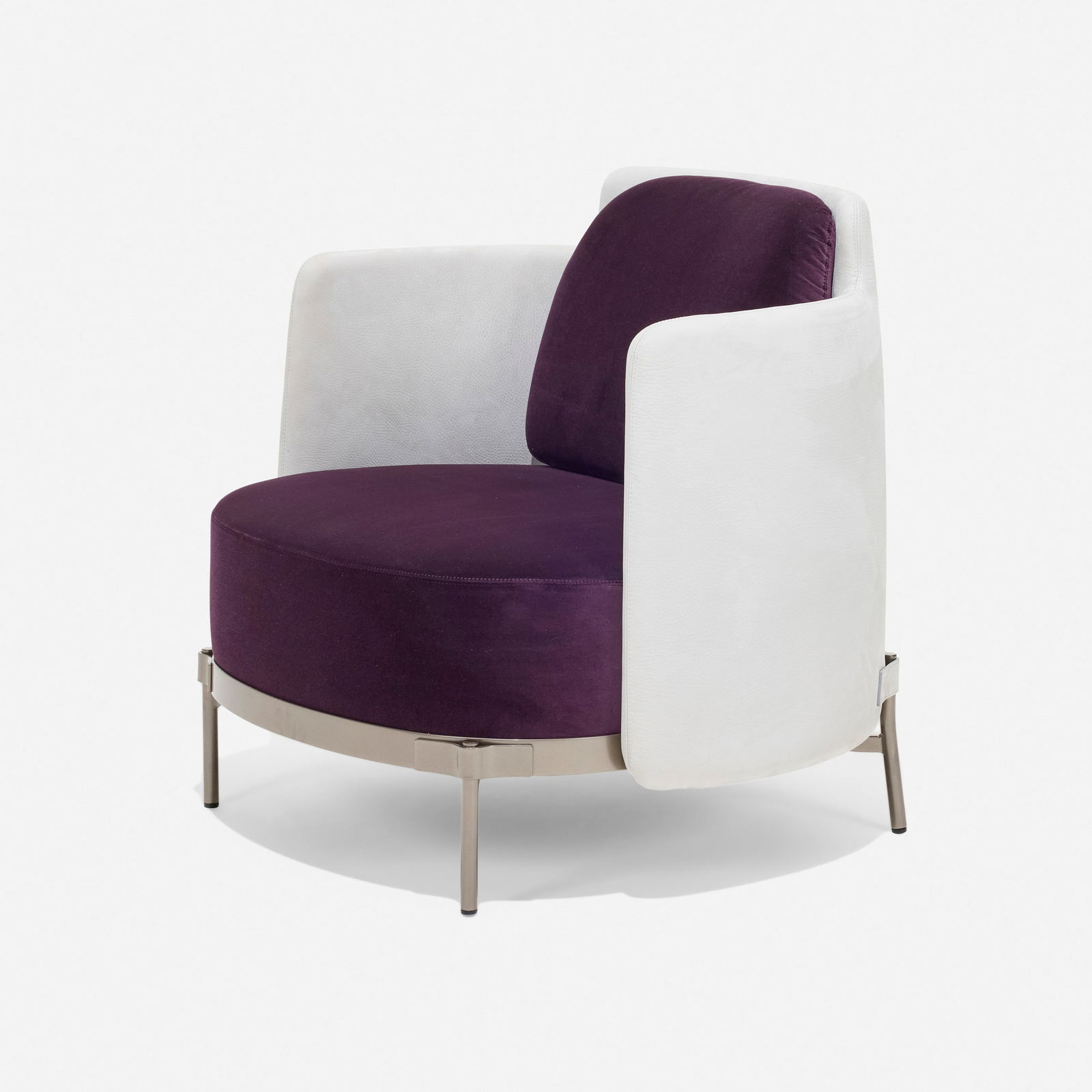 nendo, Tape armchair: nendo Tape armchair MinottiJapan / Italy, 2018 / new productionvelvet and leather upholstery, varnished steel 29.5 h x 28 w x 28 d in (75 x 71 x 71 cm) This work will ship f