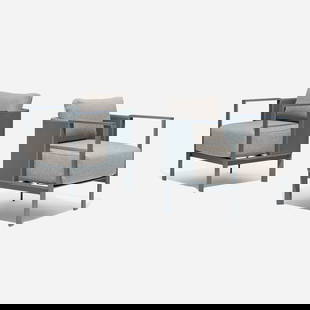 Daniel Germani, Solanas outdoor armchairs, pair: Daniel Germani Solanas outdoor armchairs, pair Gandia BlascoArgentina / Spain, new productionpowder-coated aluminum, water-repellent upholstery 32 h x 28 w x 26 d in (81 x 71 x 66 cm) Fa