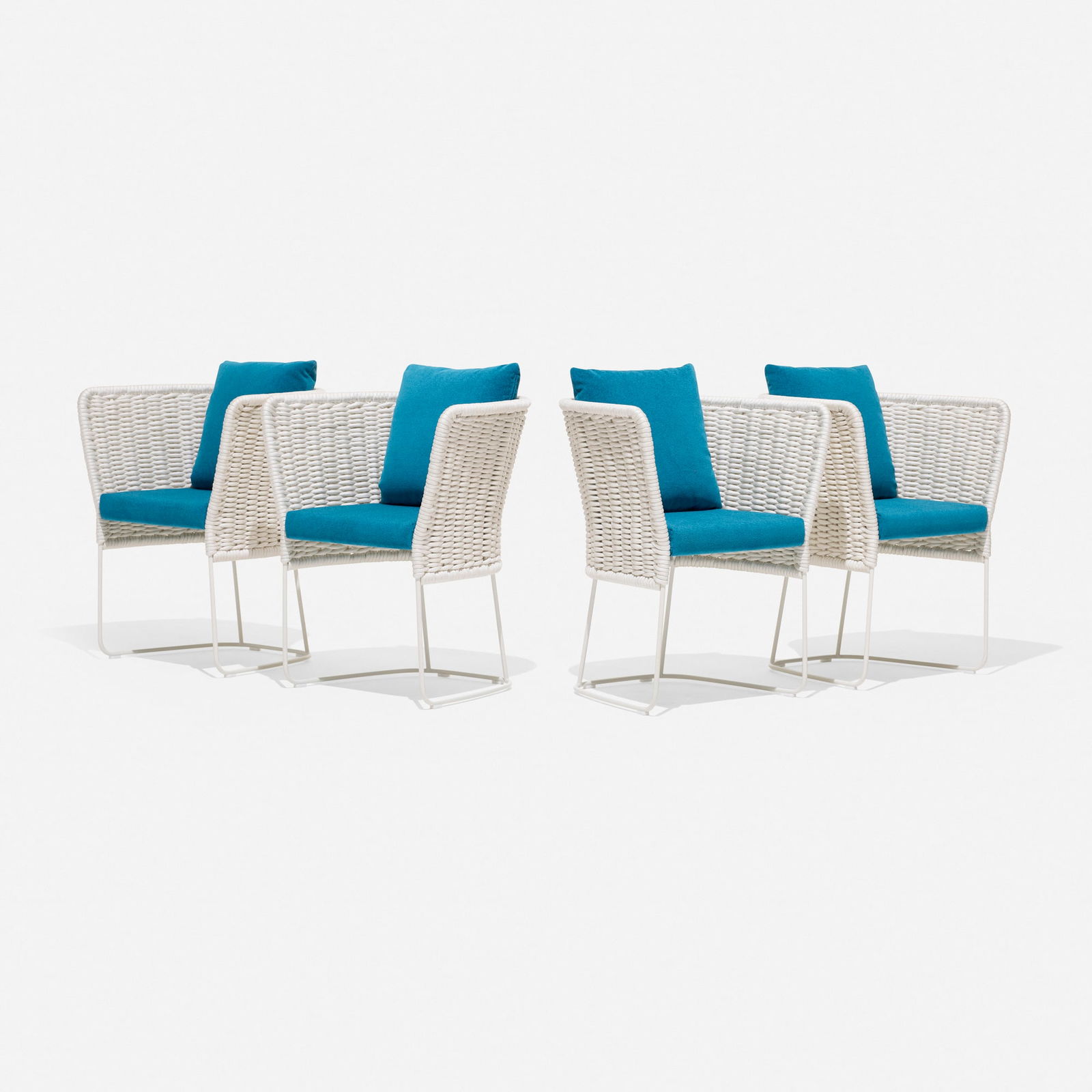 Francesco Rota, Ami outdoor chairs, set of four: Francesco Rota Ami outdoor chairs, set of four Paola LentiItaly, new productionrope, upholstery, enameled stainless steel 29.5 h x 25.75 w x 20 d in (75 x 65 x 51 cm) This w