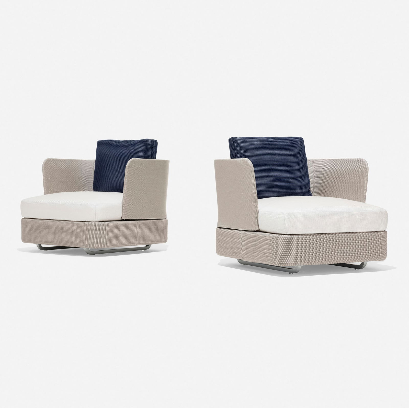 Francesco Rota, Cove outdoor armchairs, pair: Francesco Rota Cove outdoor armchairs, pair Paola LentiItaly, new productionupholstery, aluminum 23 h x 30 w x 27 d in (58 x 76 x 69 cm) Rubber manufacturer's mark to lower edge of each