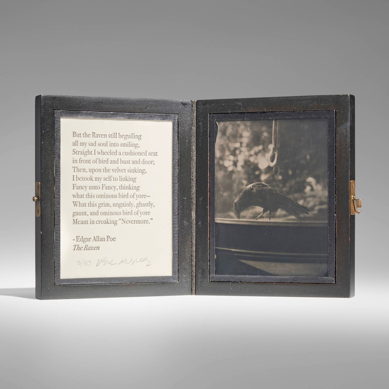 Vik Muniz, Crow: Vik Muniz Crow 2005ambrotype and letterpress in leather-hinged walnut case image: 4.5 h x 3.5 w in (11 x 9 cm) case: 1.25 h x 5.75 w x 5 d in (3 x 15 x 13 cm) case (open): 6 h x 10 w x 0.75 d i
