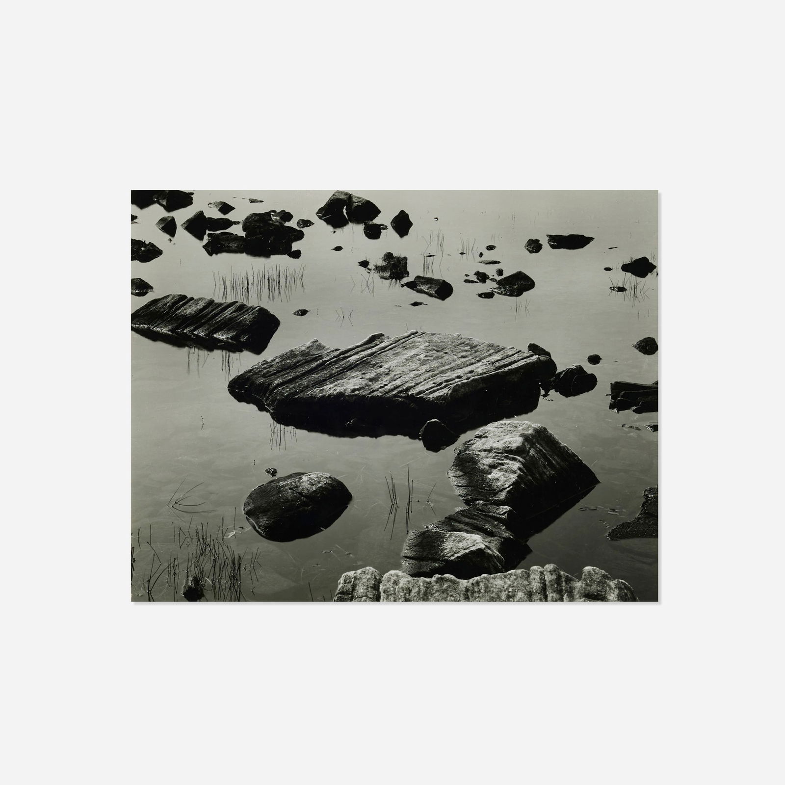 Brett Weston, Lake and Rocks (from the Fifteen Photographs portfolio): Brett Weston Lake and Rocks (from the Fifteen Photographs portfolio) 1960 / printed latergelatin silver print image: 7.5 h x 9.5 w in (19 x 24 cm) mount: 13 h x 15 w in (33 x 38 cm) Signed