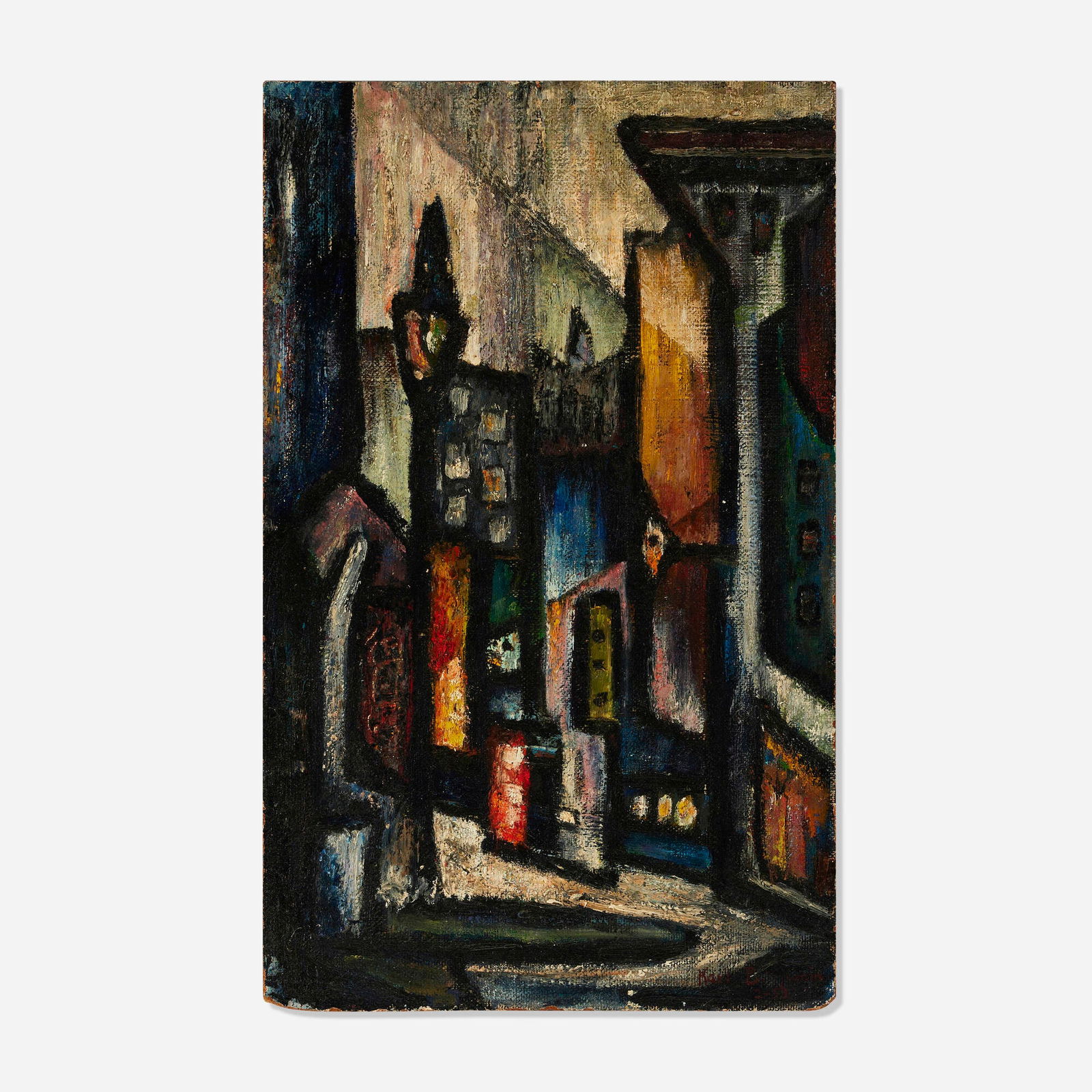 Karl Benjamin, City: Karl Benjamin City 1951oil on Masonite 22.5 h x 14 w in (57 x 36 cm) The original owners of this work, Earl and Marilyn Owen, attended college with the artist. Signed and dated to lower