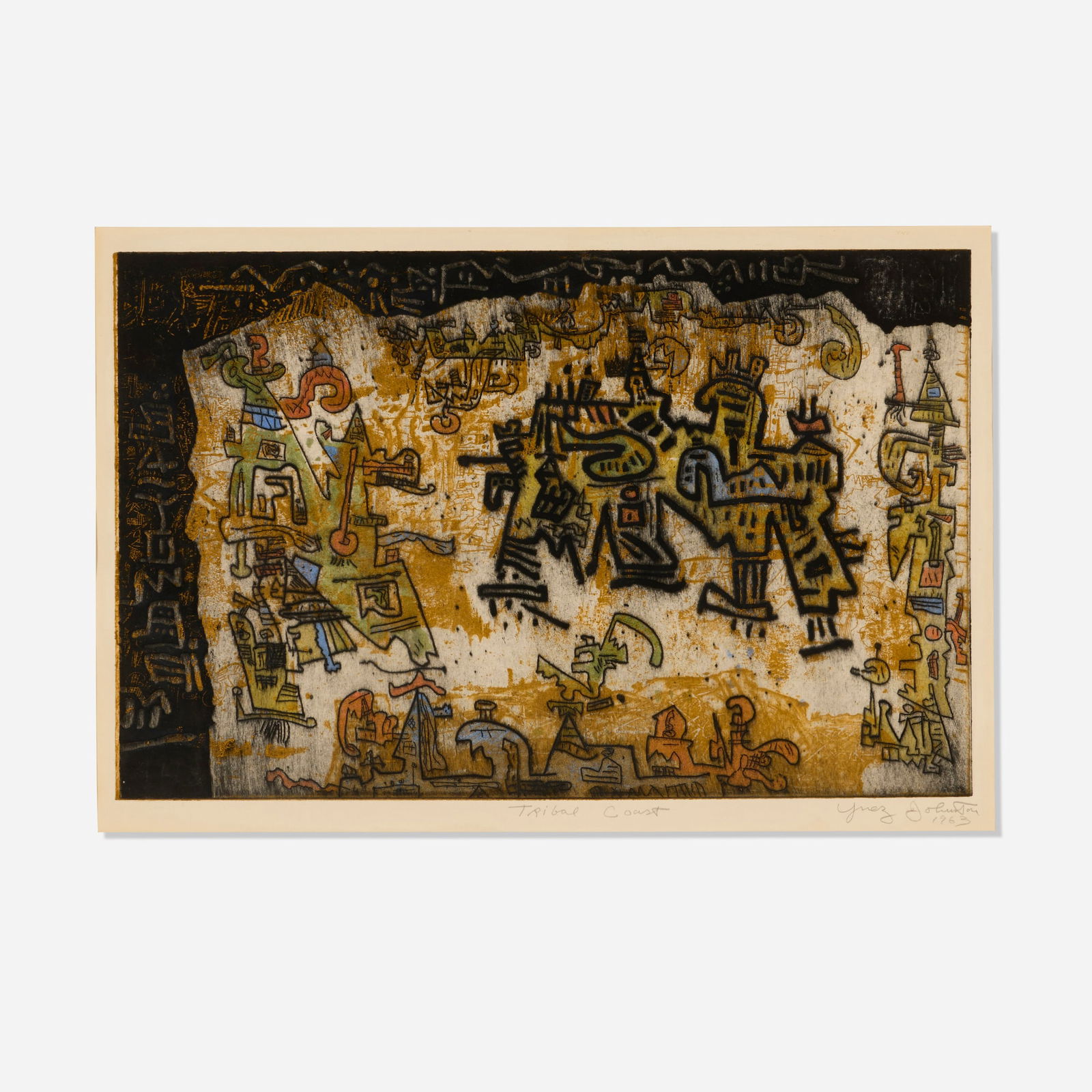 Ynez Johnston, Tribal Coast: Ynez Johnston Tribal Coast 1963etching in colors image: 11.5 h x 17.875 w in (29 x 45 cm) sight: 12.5 h x 18.75 w in (32 x 48 cm) Signed, titled and dated to lower edge 'Tribal Coast Ynez J
