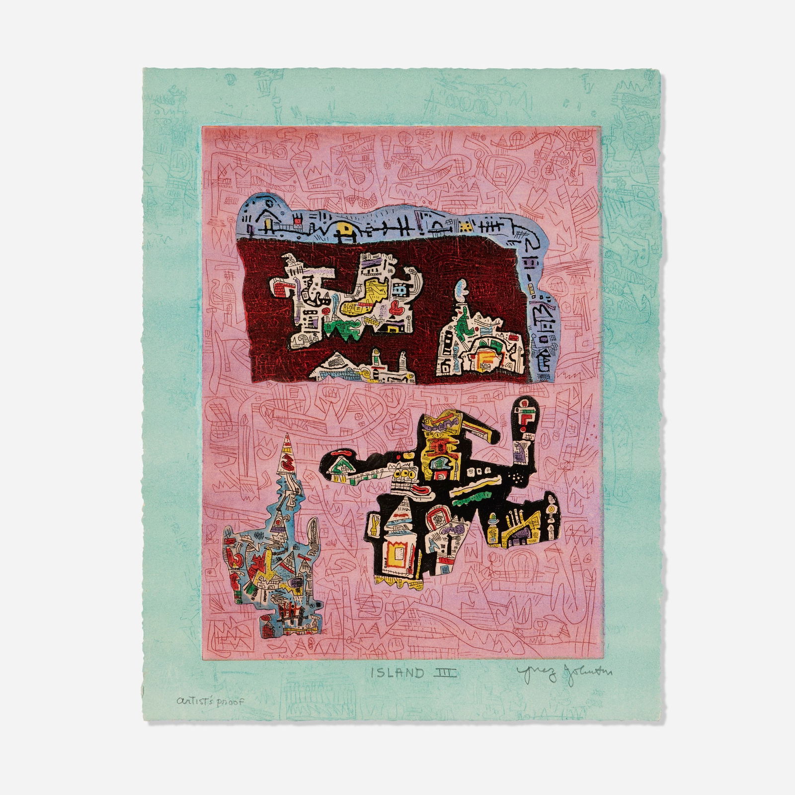 Ynez Johnston, Island III: Ynez Johnston Island III c. 1973etching in colors 14.25 h x 11.375 w in (36 x 29 cm) Signed, titled and numbered to lower edge 'Artist's Proof Island III Ynez Johnston'. This work is an artist