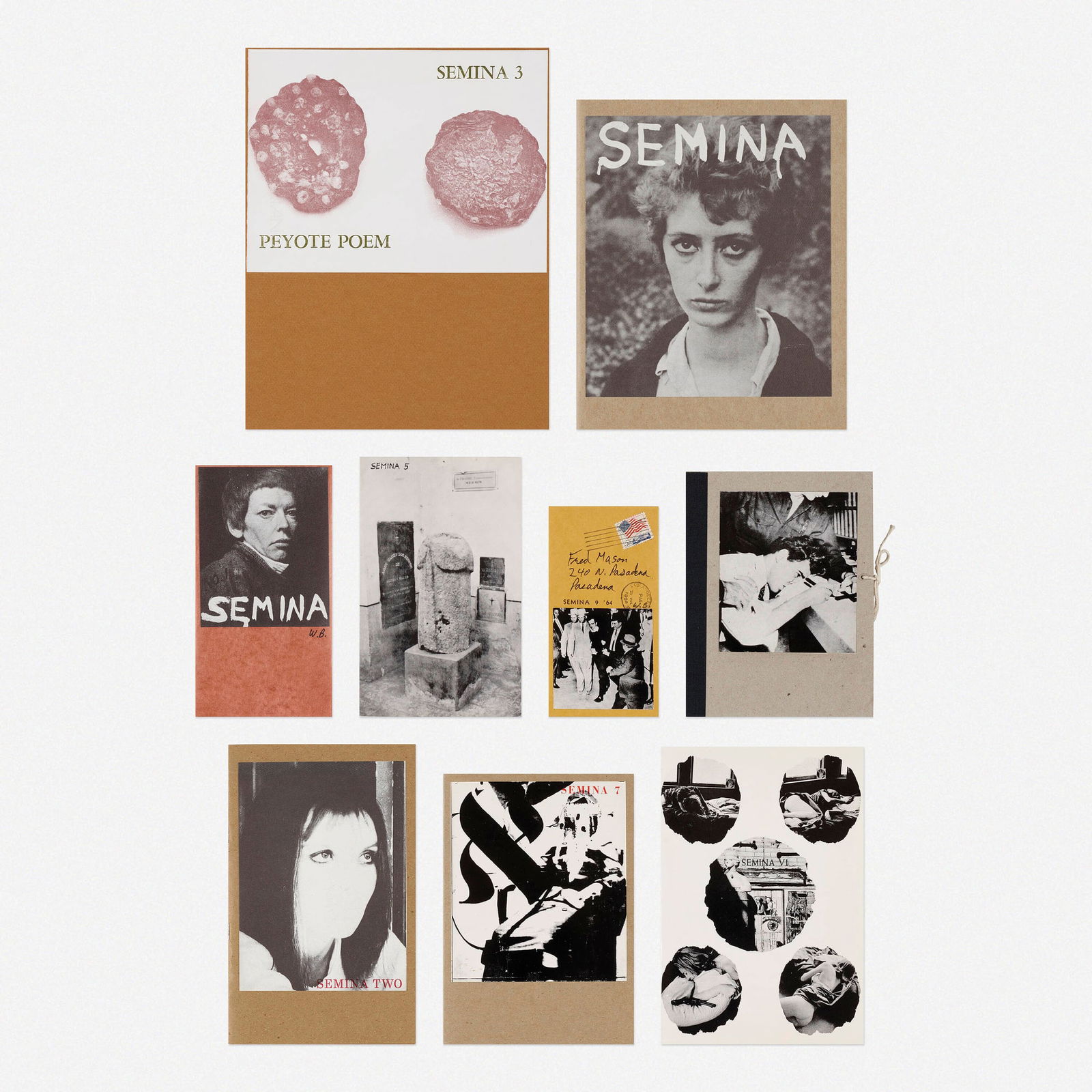 Wallace Berman, Semina, vol. 1-9: Wallace Berman Semina, vol. 1-9 1958-64 / 1992mixed media artist's publication largest: 11 h x 9 w in (28 x 23 cm) smallest: 6 h x 3.25 w in (15 x 8 cm) Signed and numbered by George Herms