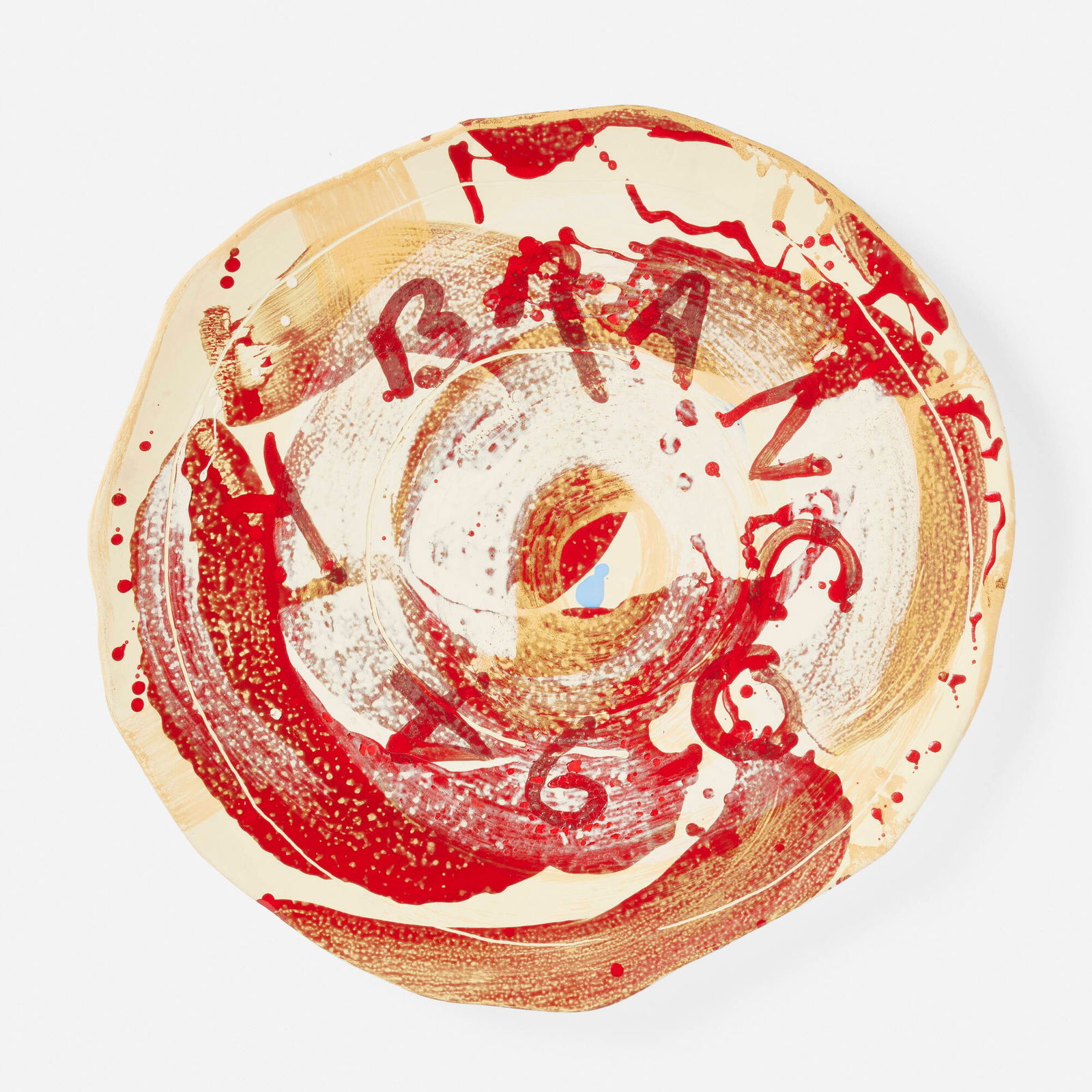 Ed Moses, Untitled (Plate): Ed Moses Untitled (Plate) 1991acrylic on stoneware 2.25 h x 23.75 w x 23 d in (6 x 60 x 58 cm) Signed to recto 'Y Branco 91'. Signed to underside 'EMB'. Impressed inscription to underside 'Fre