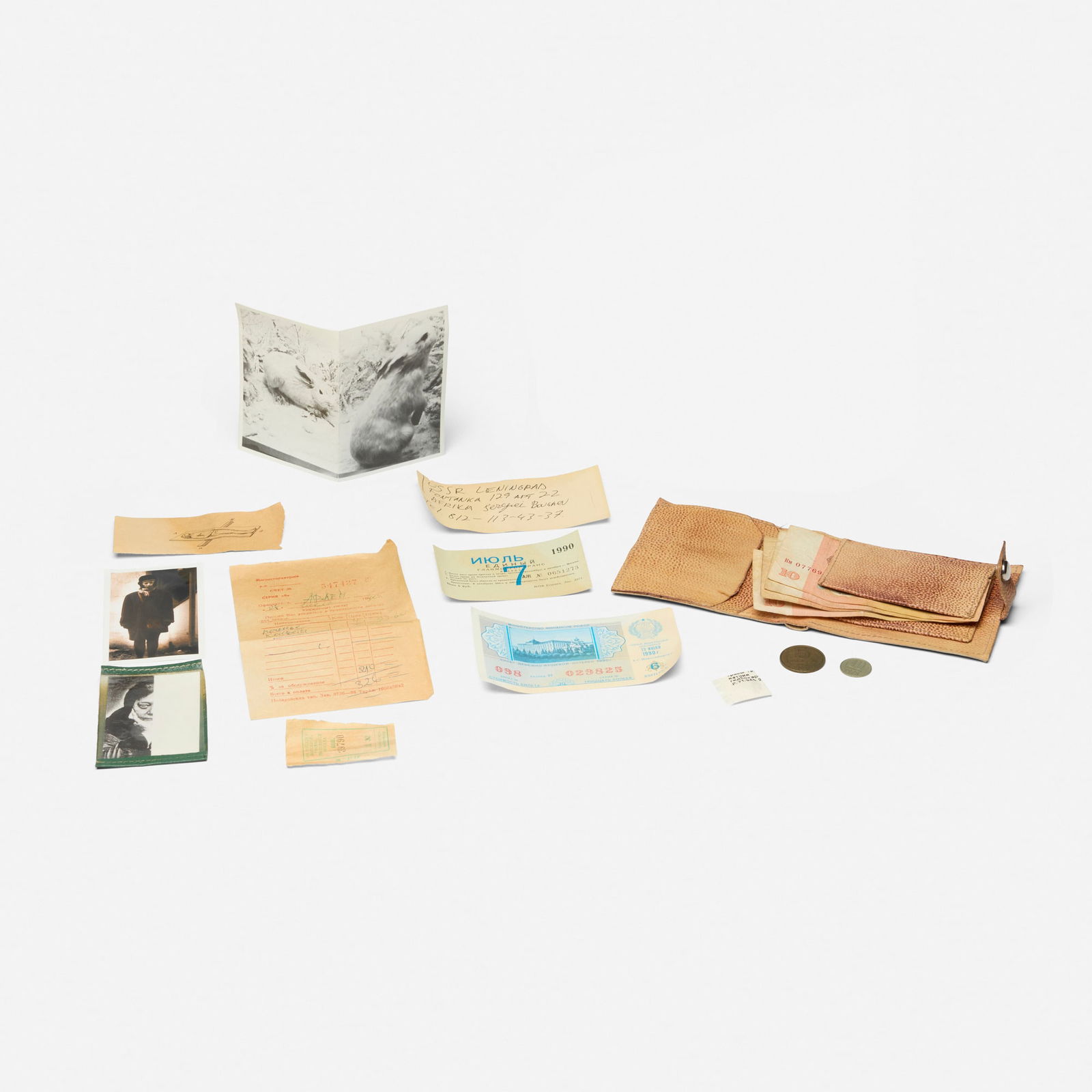 Rosemarie Trockel, Untitled (Moscow - Boston): Rosemarie Trockel Untitled (Moscow - Boston) 1991cardboard, leather, paper, photograph, metal and throat lozenge largest: 3.25 h x 5.625 w x 4.375 d in (8 x 14 x 11 cm) smallest: 0.625 dia in (2 c