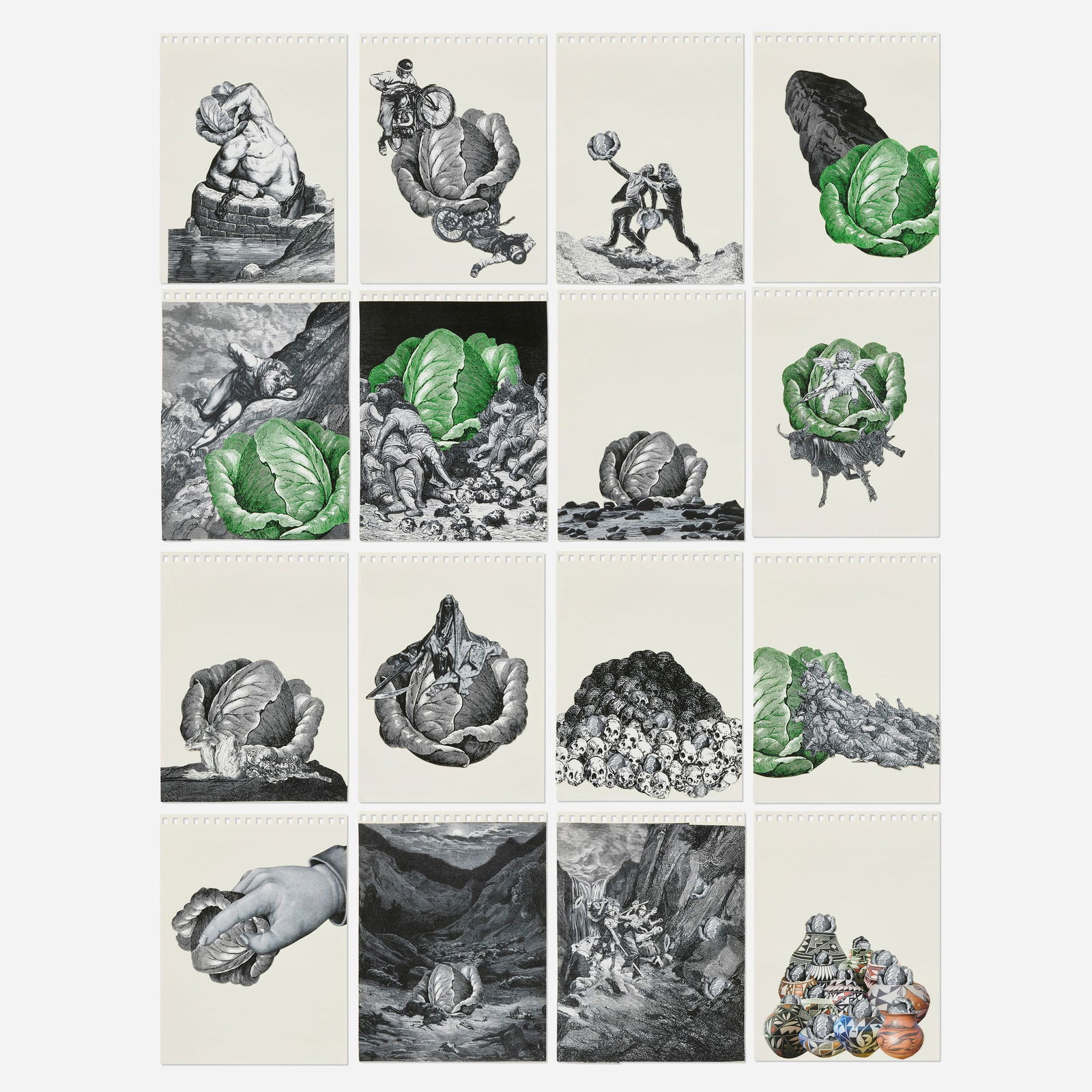 David Gilhooly, Collection of sixteen collages: David Gilhooly Collection of sixteen collages 2009printed paper collage on paper each: 8 h x 6 w in (20 x 15 cm) Signed, titled and dated to verso of each work 'David Gilhooly'. These works ar