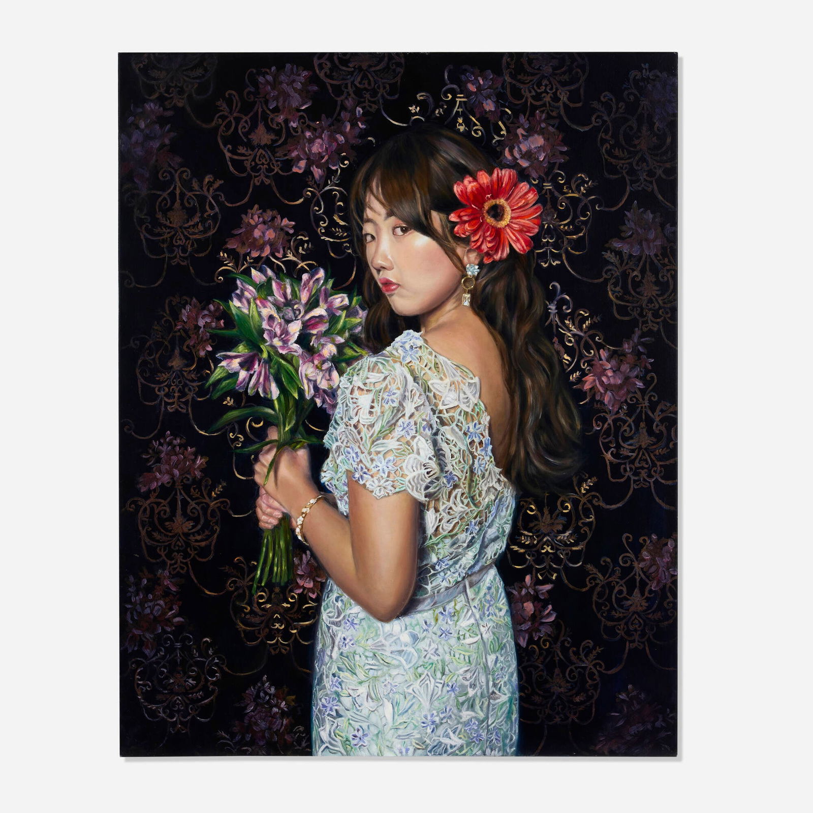 Ellie Kayu Ng, Lost in Flowers I: Ellie Kayu Ng Lost in Flowers I oil on canvas 40 h x 32 w x 1.5 d in (102 x 81 x 4 cm) Signed, titled and inscribed to verso 'Ellie Kayu Ng Ka Yu, Ellie Lost in Flowers I T.Woodruff & T.M. Davy'.